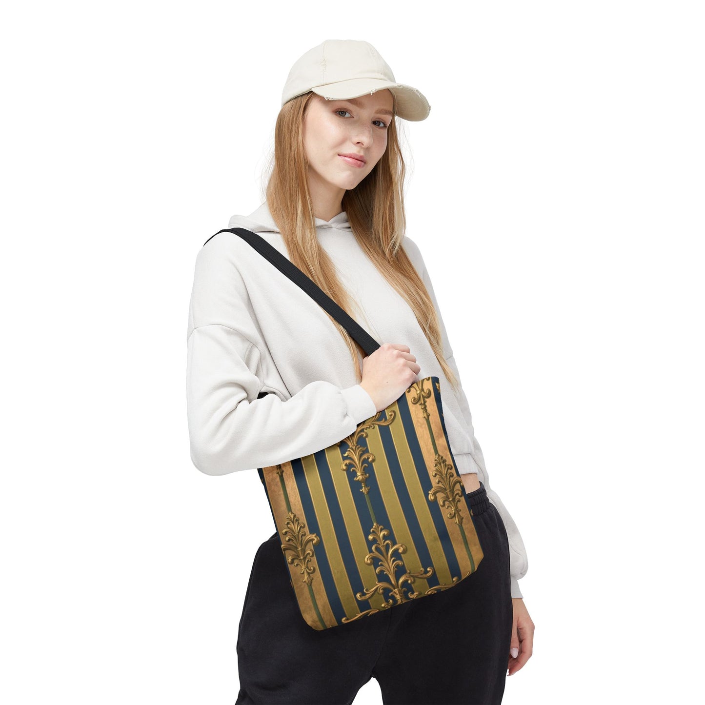 Elegant Midnight Blue & Olive Striped Gold Baroque Golden Striped Tote Bag, Stylish Shopping Bag, Trendy Handbag, Chic Gift for Her