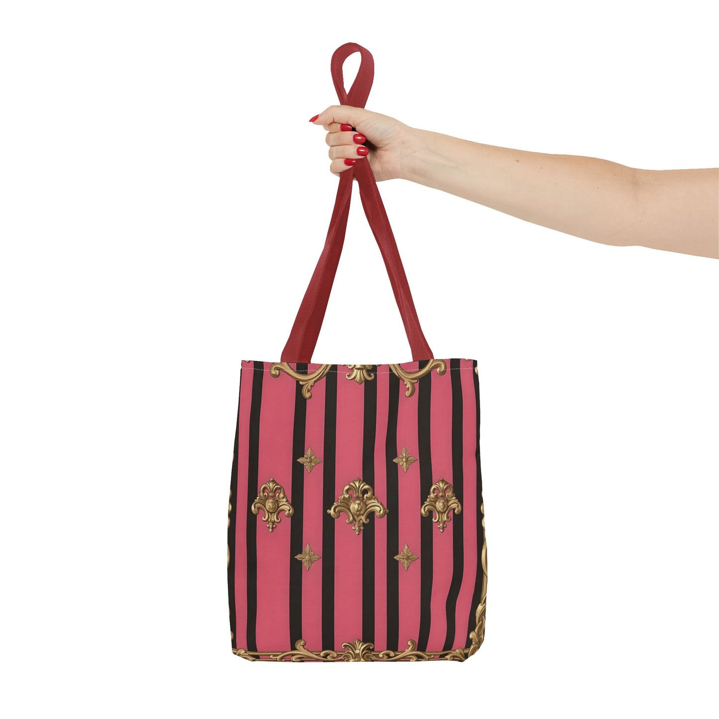 Chic Floral Tote Bag - Elegant Reusable Shopping Bag, Fashion Accessory, Gift for Her, Everyday Use, Eco-Friendly - Pink Striped Gold Rococo