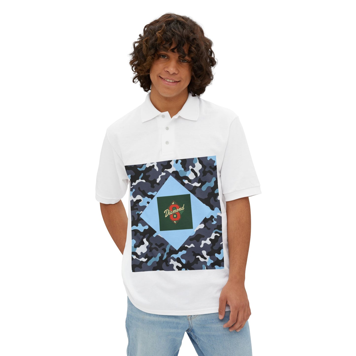 Stylish Men's Piqué Polo Shirt, Casual Wear, Summer Vibes, Golf Outing, Comfortable Fashion, Gift for Him -  Blue Camo Diamond 8