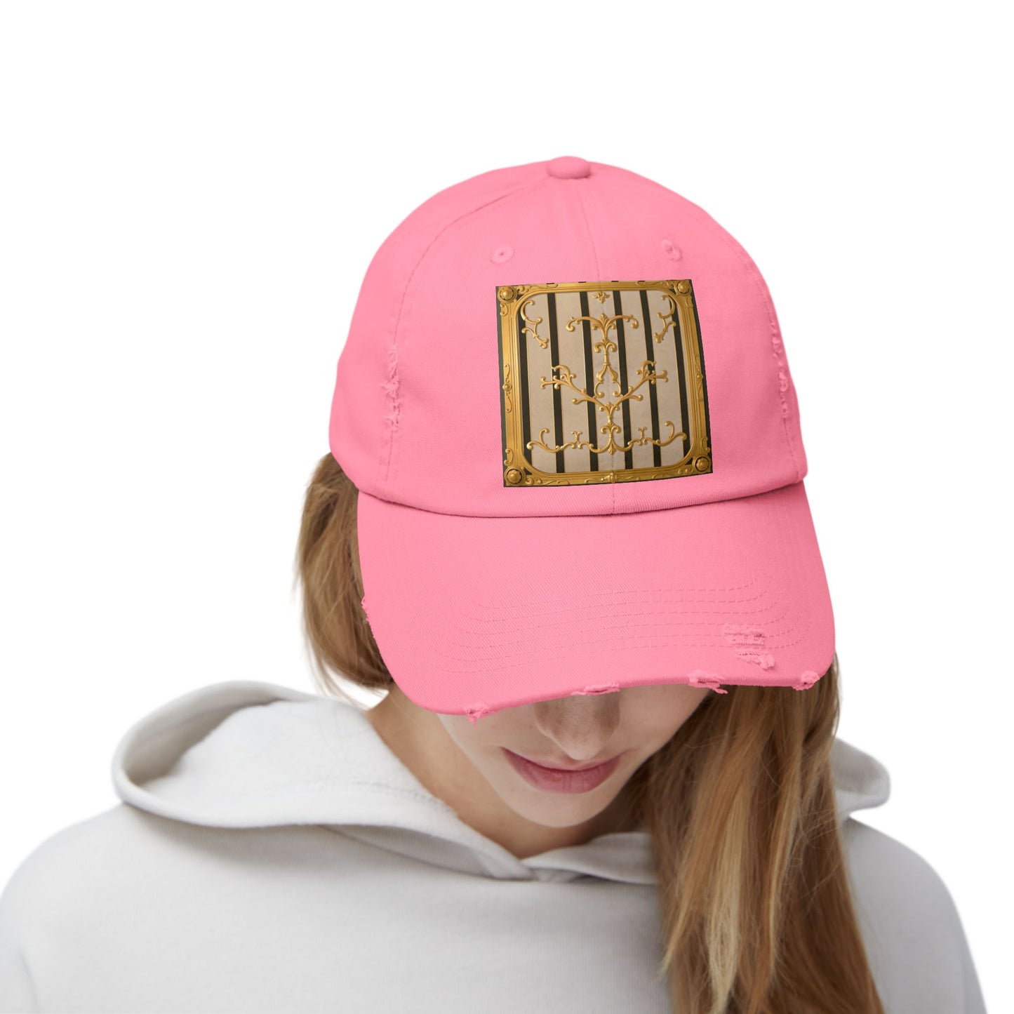 Unisex Distressed Cap - Beige Striped Gold Rococo
