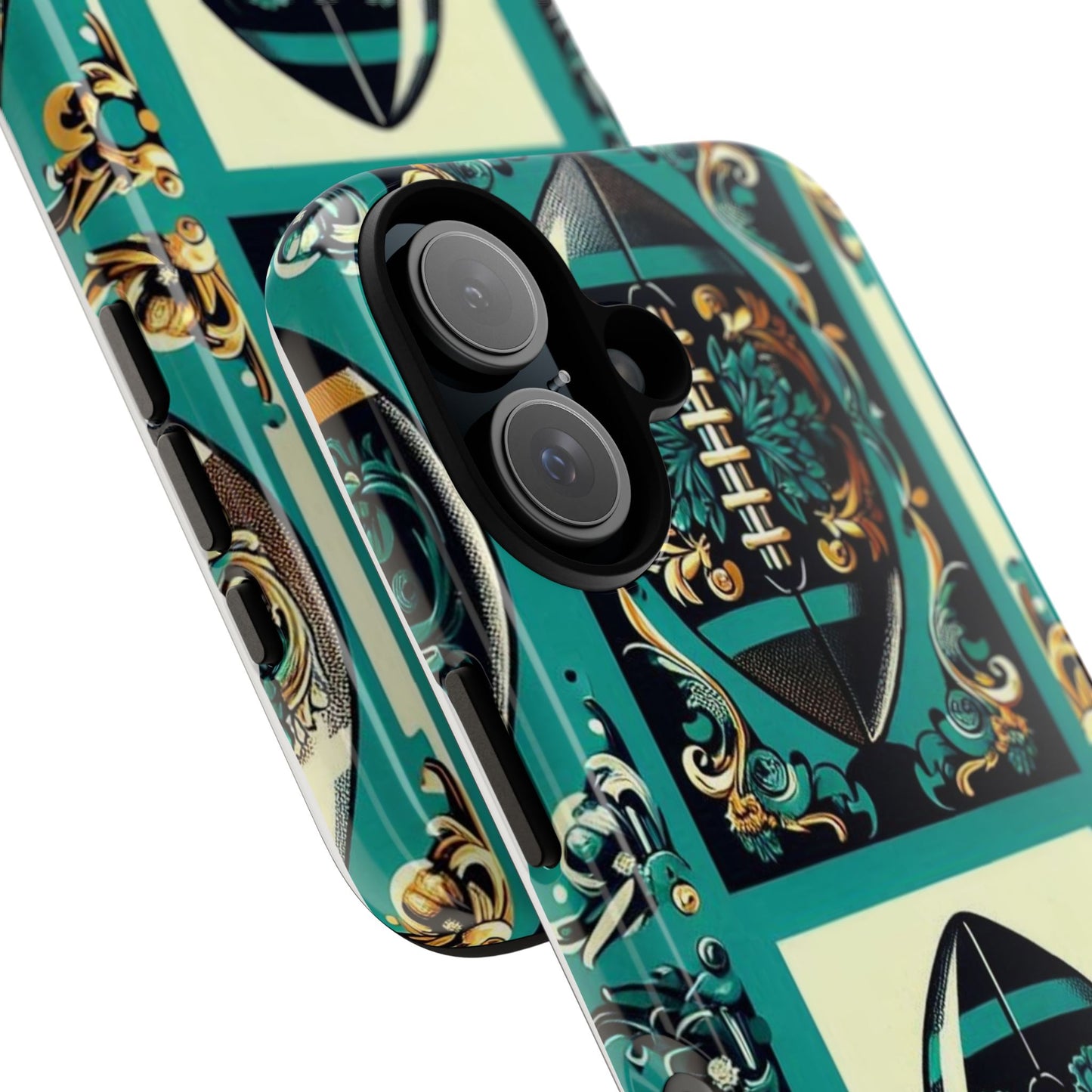 Elegant Floral Motif Phone Case - Tough Cases with Vintage Design -  Damask Teal, Gold & Black Footballs