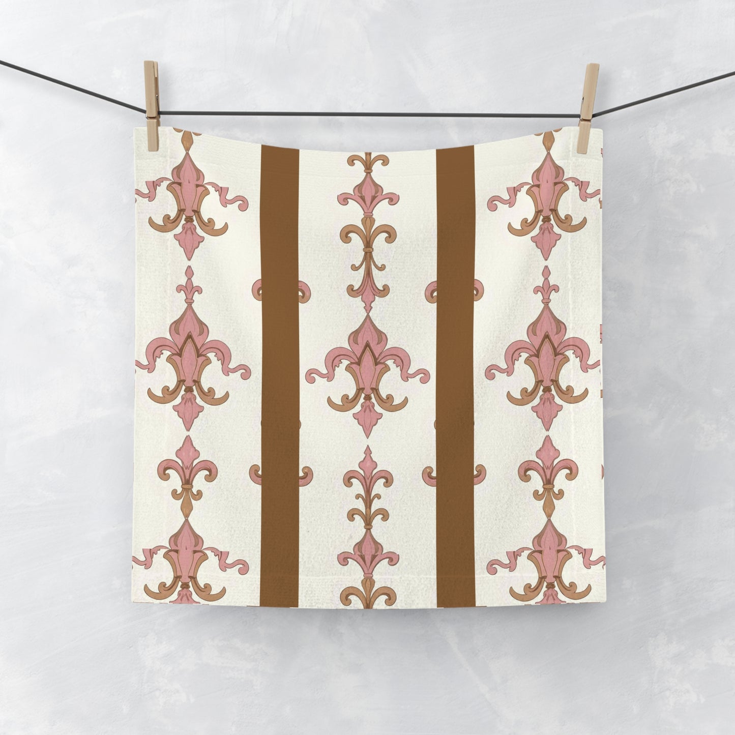 Elegant Patterned Face Towel, Soft Spa Towel, Bathroom Decor, Gift for Her, Luxe Wash Cloth, Home Essentials - Brown Striped Pink Arabesque