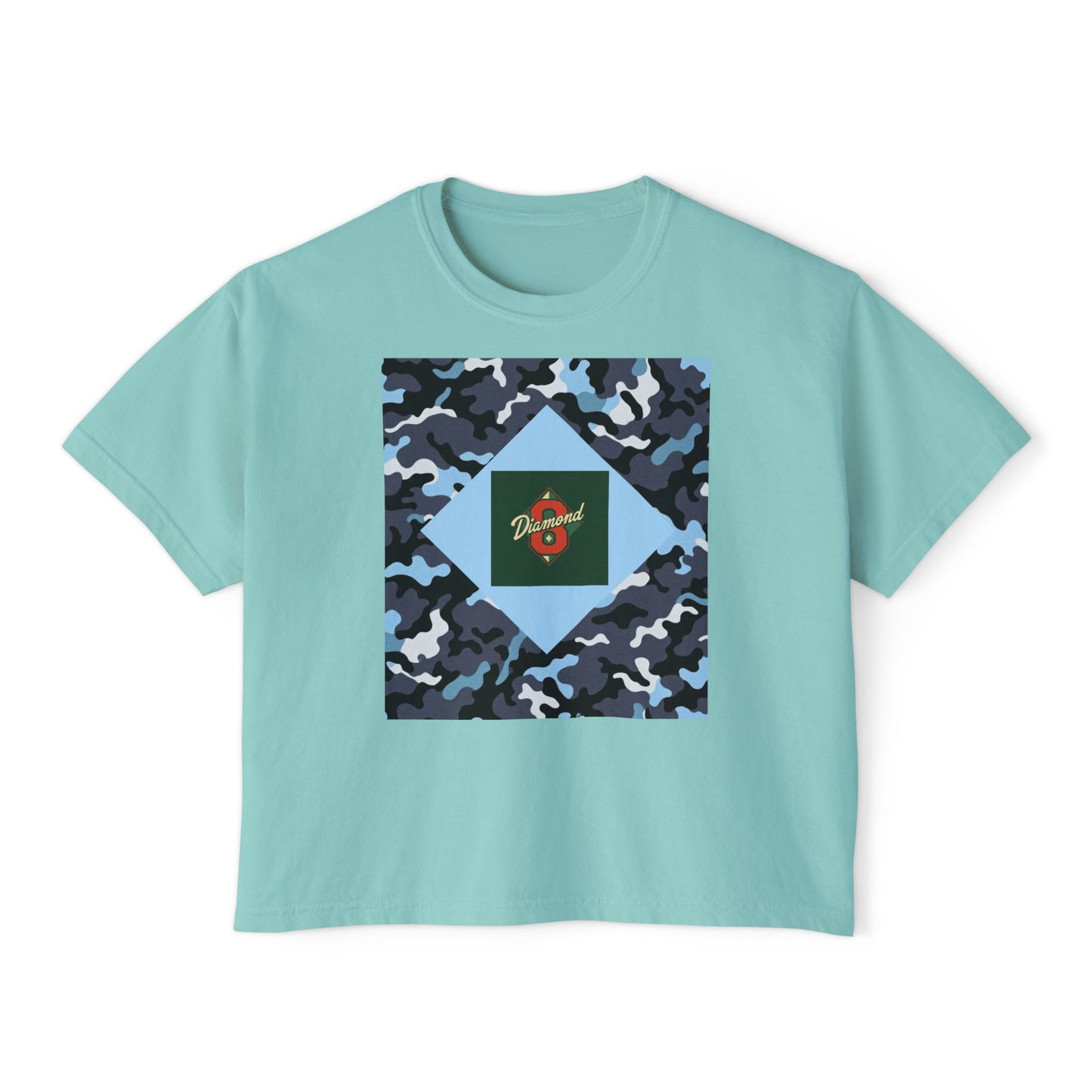 Camouflage Women's Boxy Tee, Casual Outfit, Relaxed Style Tee, Everyday Wear, Gift for Her, Comfortable Top - Blue Camo Diamond 8