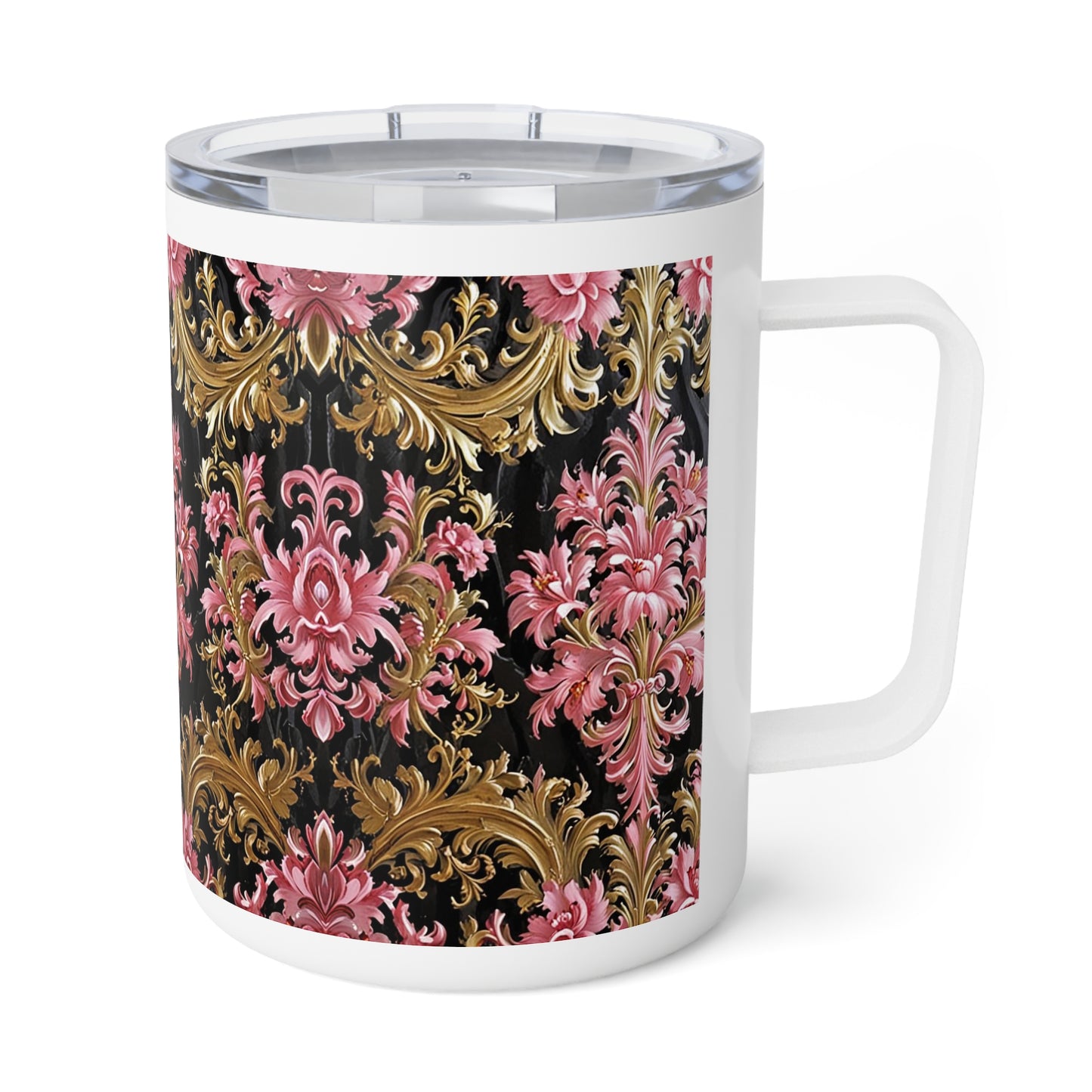 Elegant Floral Insulated Coffee Mug, Perfect Gift for Tea Lovers, Home Decor, Stylish Kitchen Accessory - Black & Pink Oil Painting Style Rococo