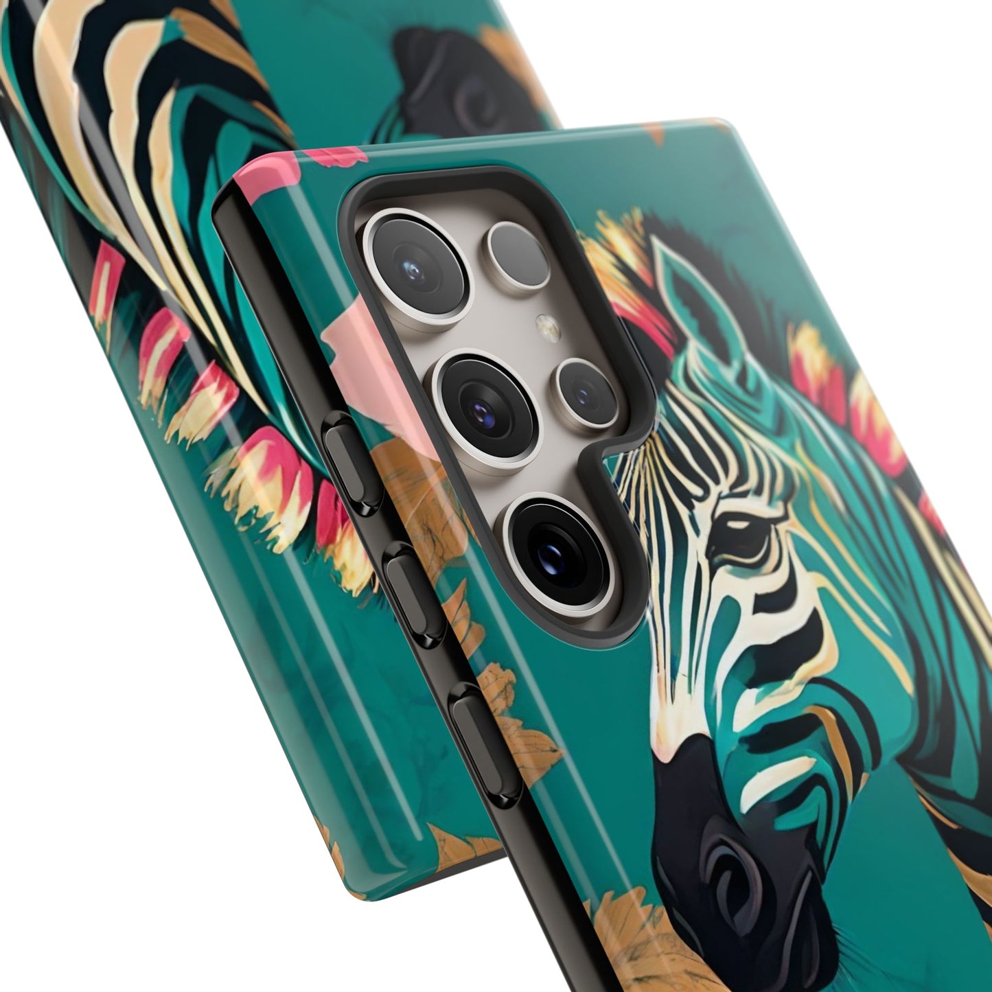 Phone Case - Elegant Teal & Gold Zebra & Roses Design