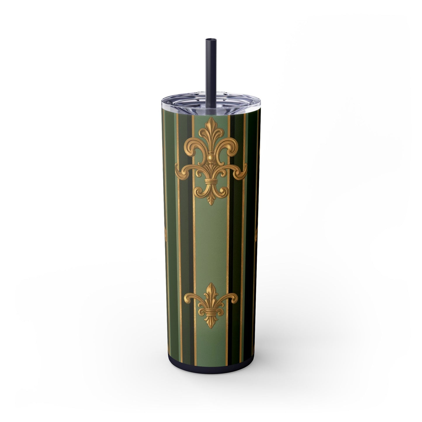 Elegant Green Striped Skinny Tumbler, 20oz Travel Mug, Reusable Cup, Perfect for Gifts, Parties, Home Decor - Green Striped Gold Baroque