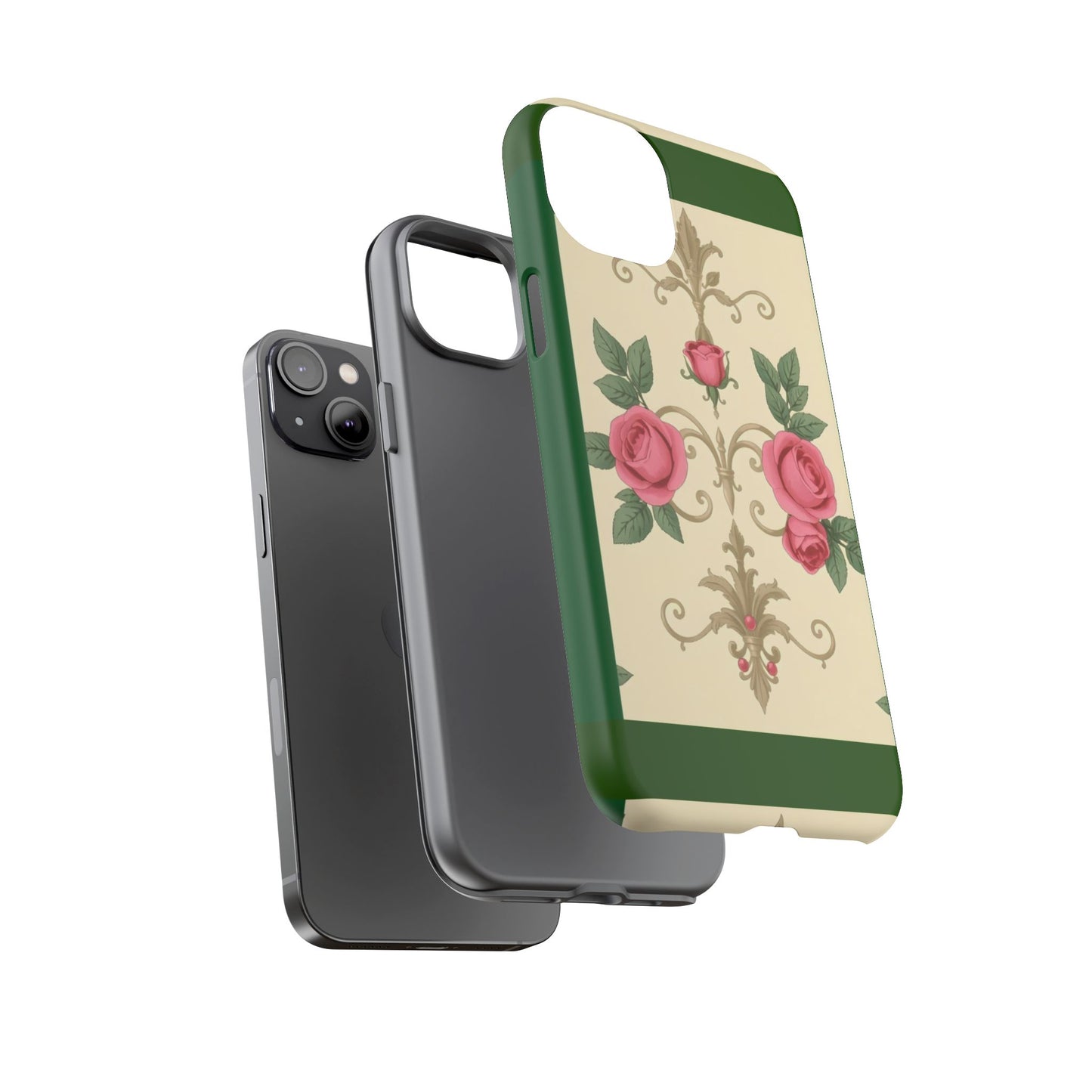 Elegant Floral Motif Phone Case - Tough Cases with Vintage Design - Green Border Roses & Damask