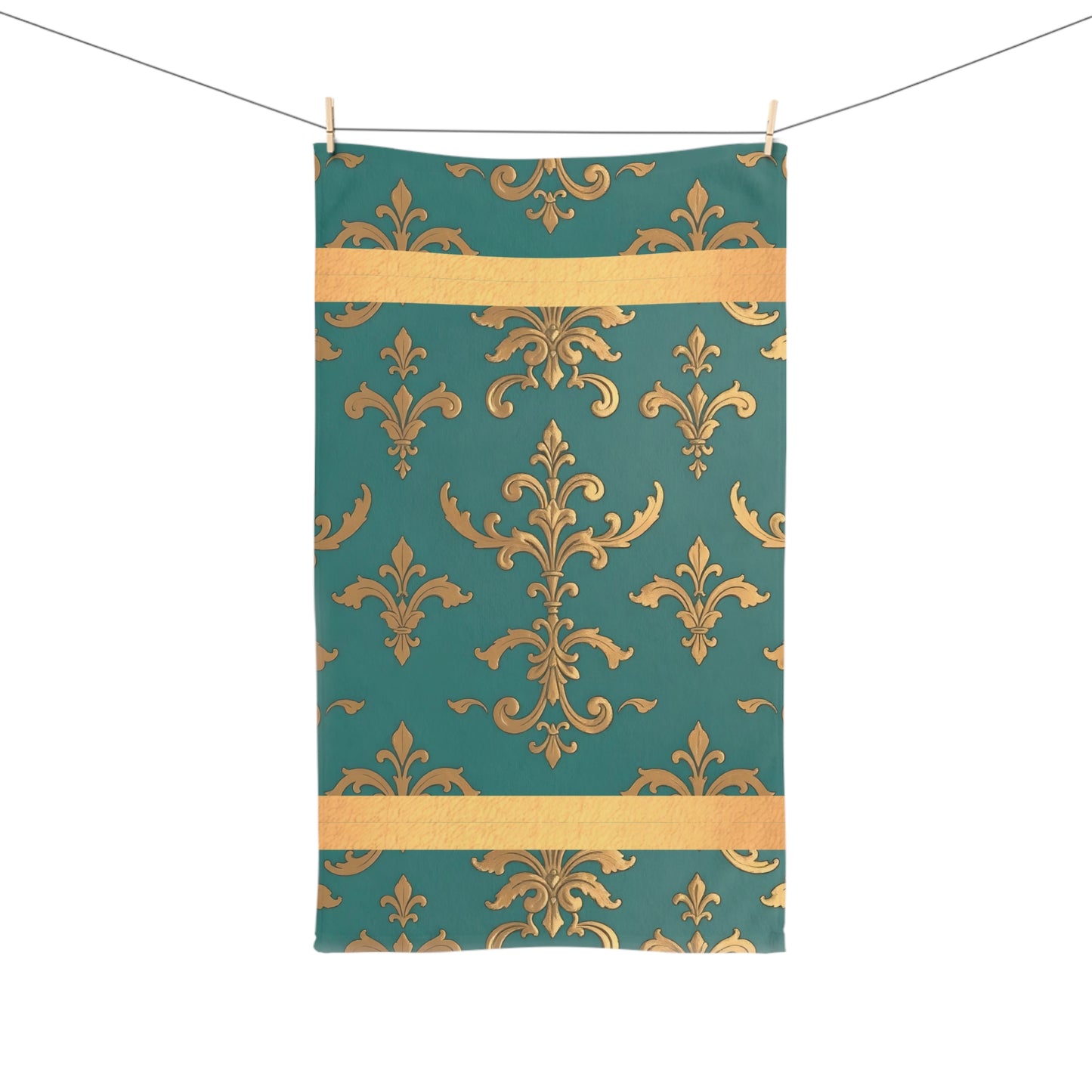 Luxurious Ornate Hand Towel - Elegant Home Décor - Aqua & Gold Damask
