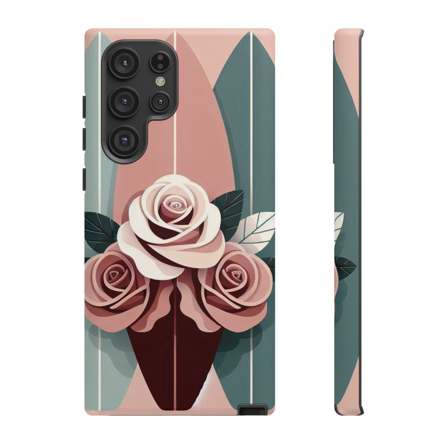 Phone Case - Burgundy, Matte Mauve & Teal Surfboard & Roses Design