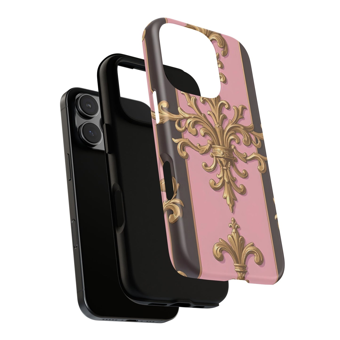 Elegant Floral Motif Phone Case - Tough Cases with Vintage Design - Pink & Brown Striped Gold Damask