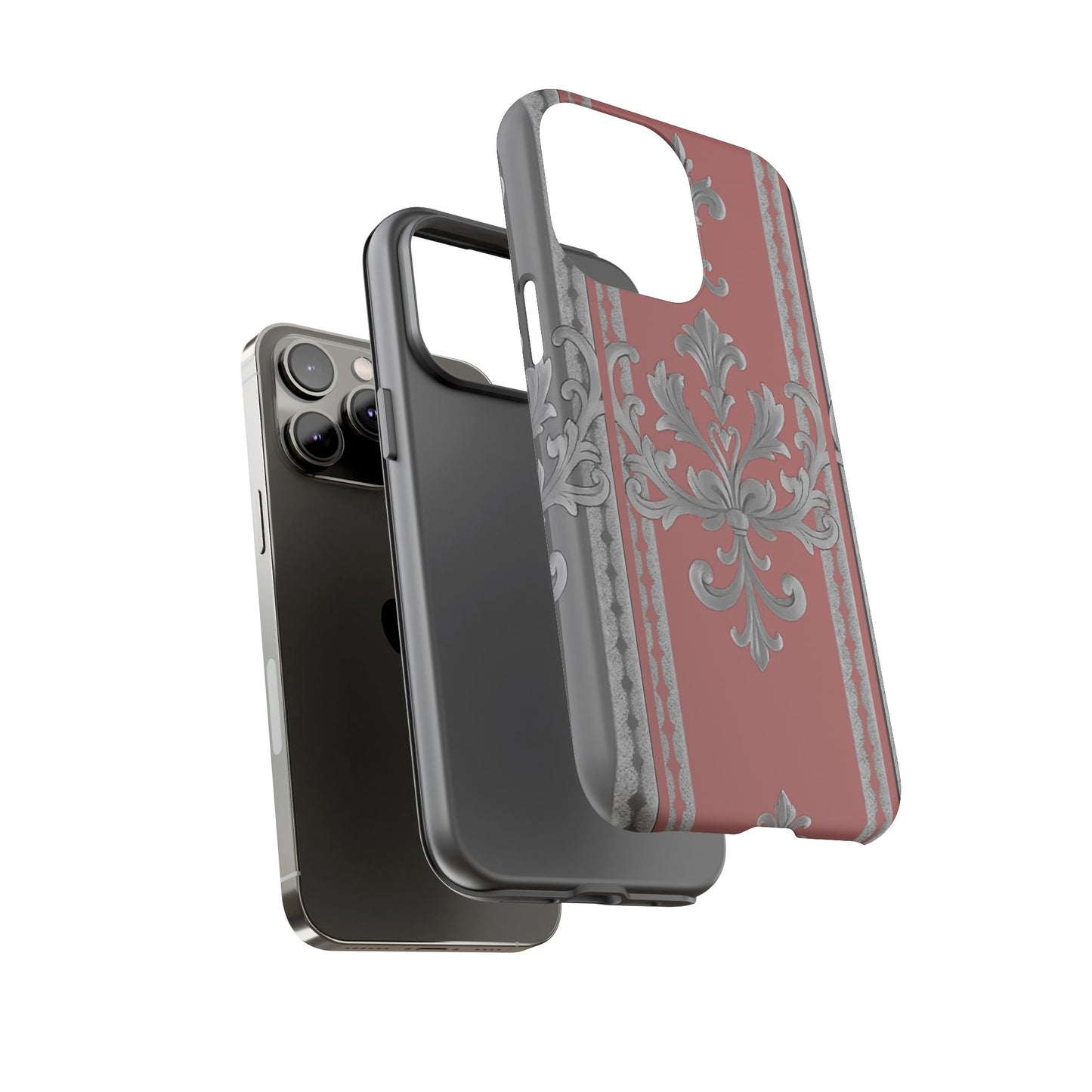Elegant Floral Phone Case - Tough Cases for Stylish Protection - Gray & Mauve Striped Baroque