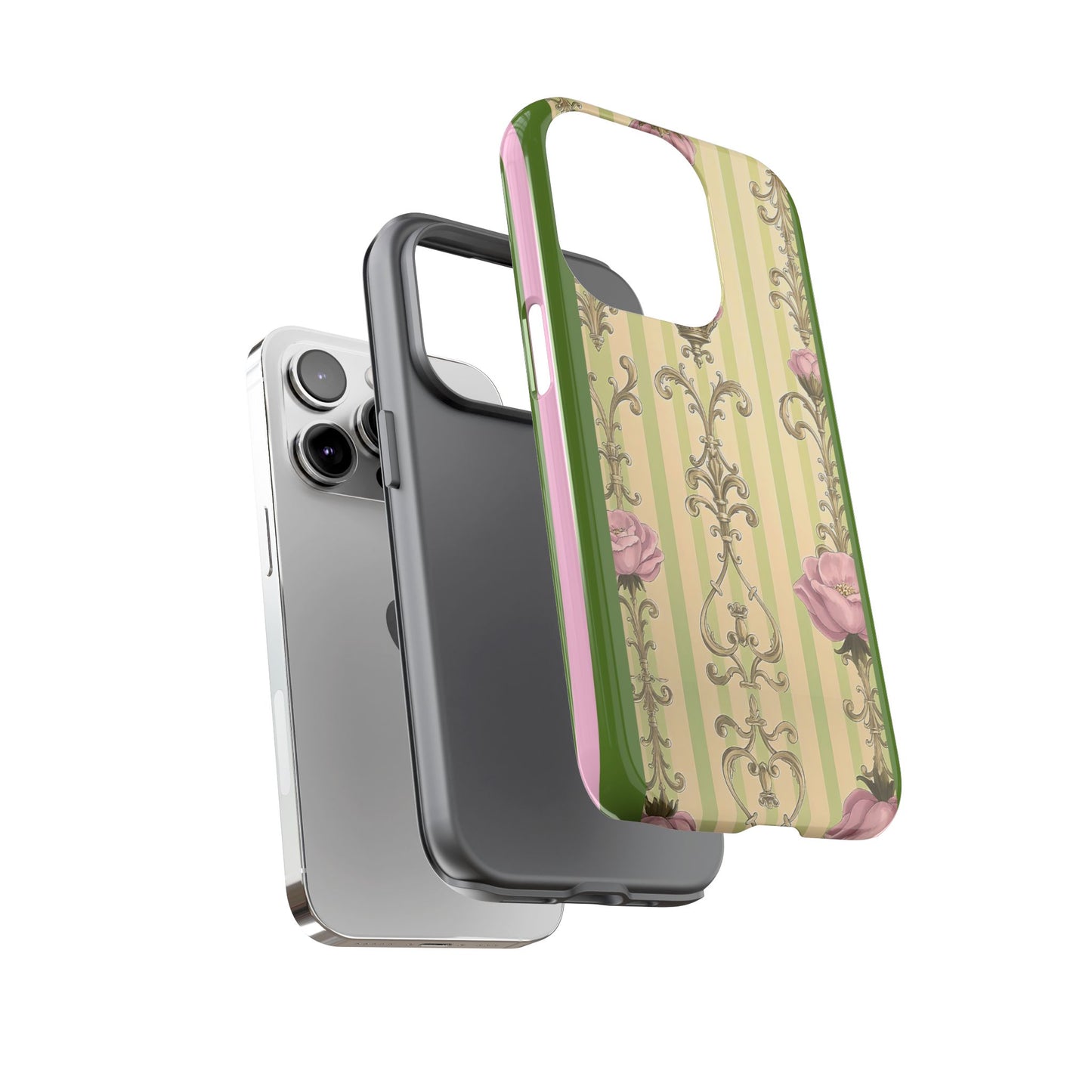Elegant Floral Motif Phone Case - Tough Cases with Vintage Design - Lime Green & Pink Striped Damask