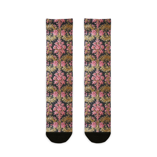 Floral Pattern Crew Socks - Vibrant Colorful Socks, Fun Gift for Her, Stylish Accessories - Black & Pink Oil Painting Style Rococo