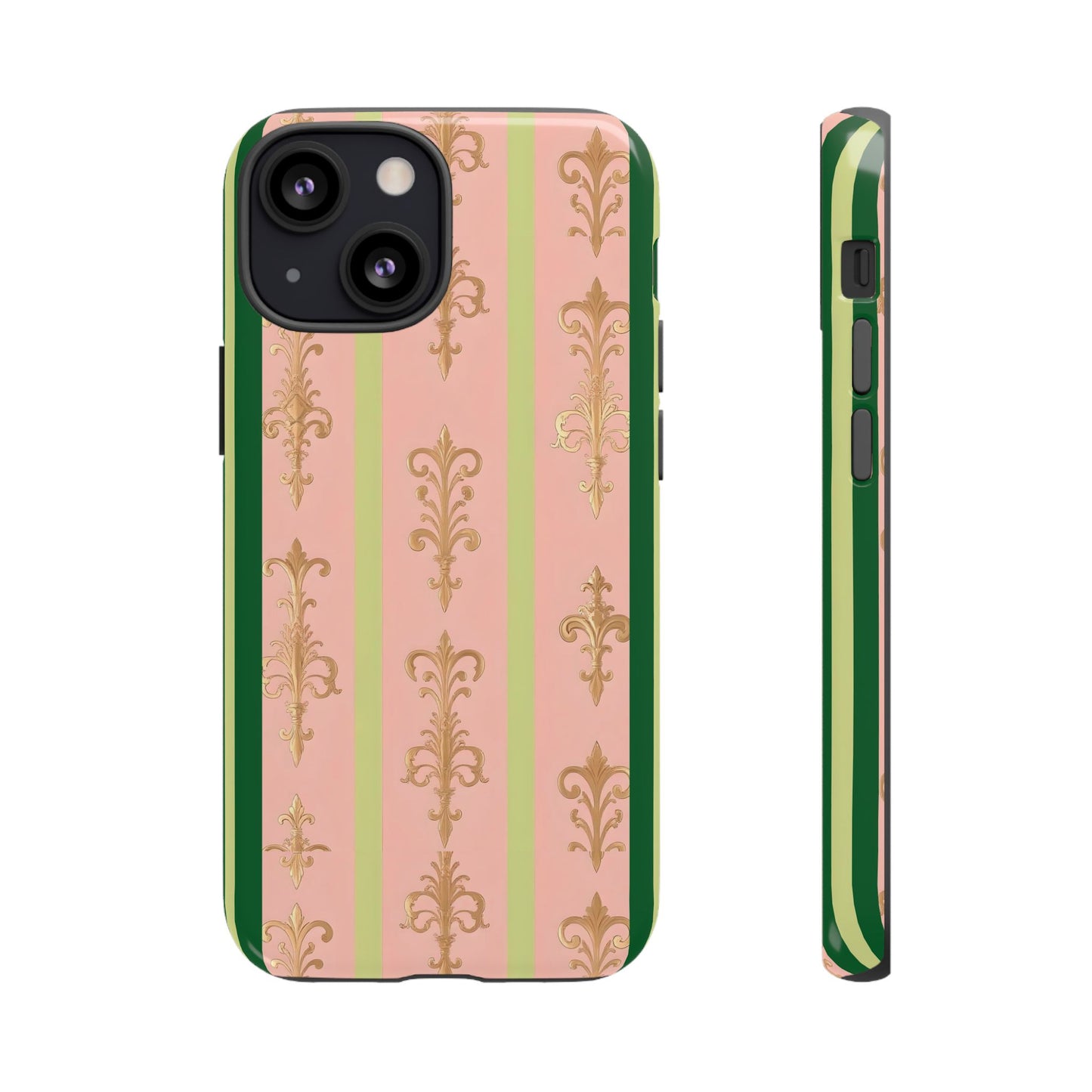 Elegant Floral Motif Phone Case - Tough Cases with Vintage Design - Lime Green & Pink Striped Damask