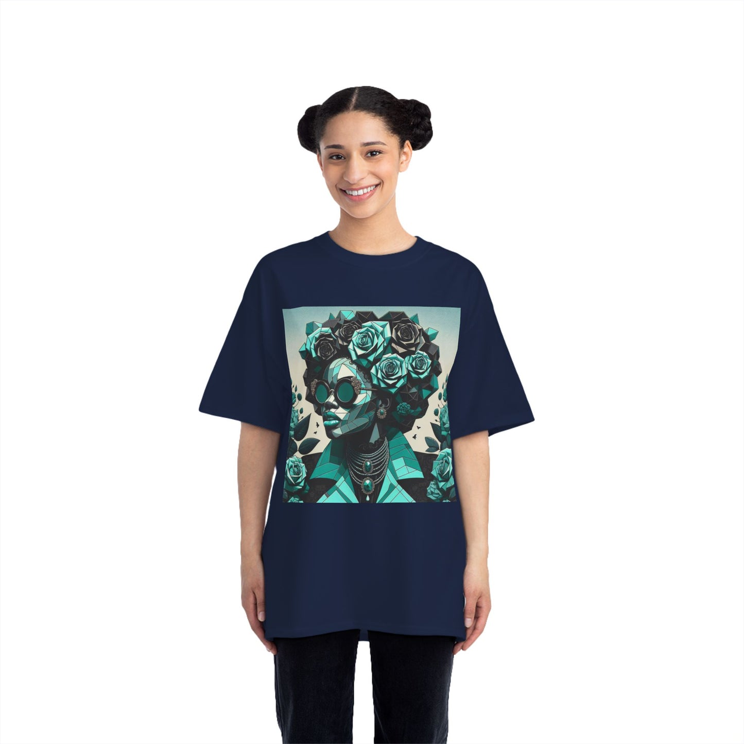 Trendy Floral Graphic Tee | Artistic Short-Sleeve Shirt, Fashionable Summer Top, Chic Gift for Her - Turquoise & Black Roses Lady