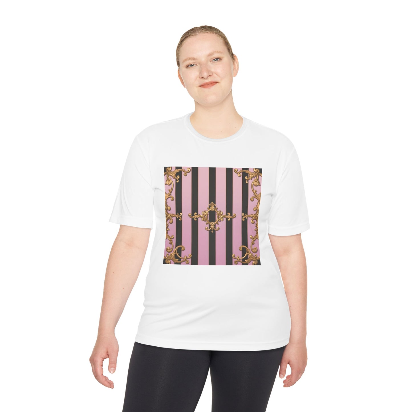Elegant Striped Unisex Moisture Wicking Tee, Stylish Workout T-Shirt, Fashionable Athletic Top - Matte Lavender & Black Striped Gold Baroque