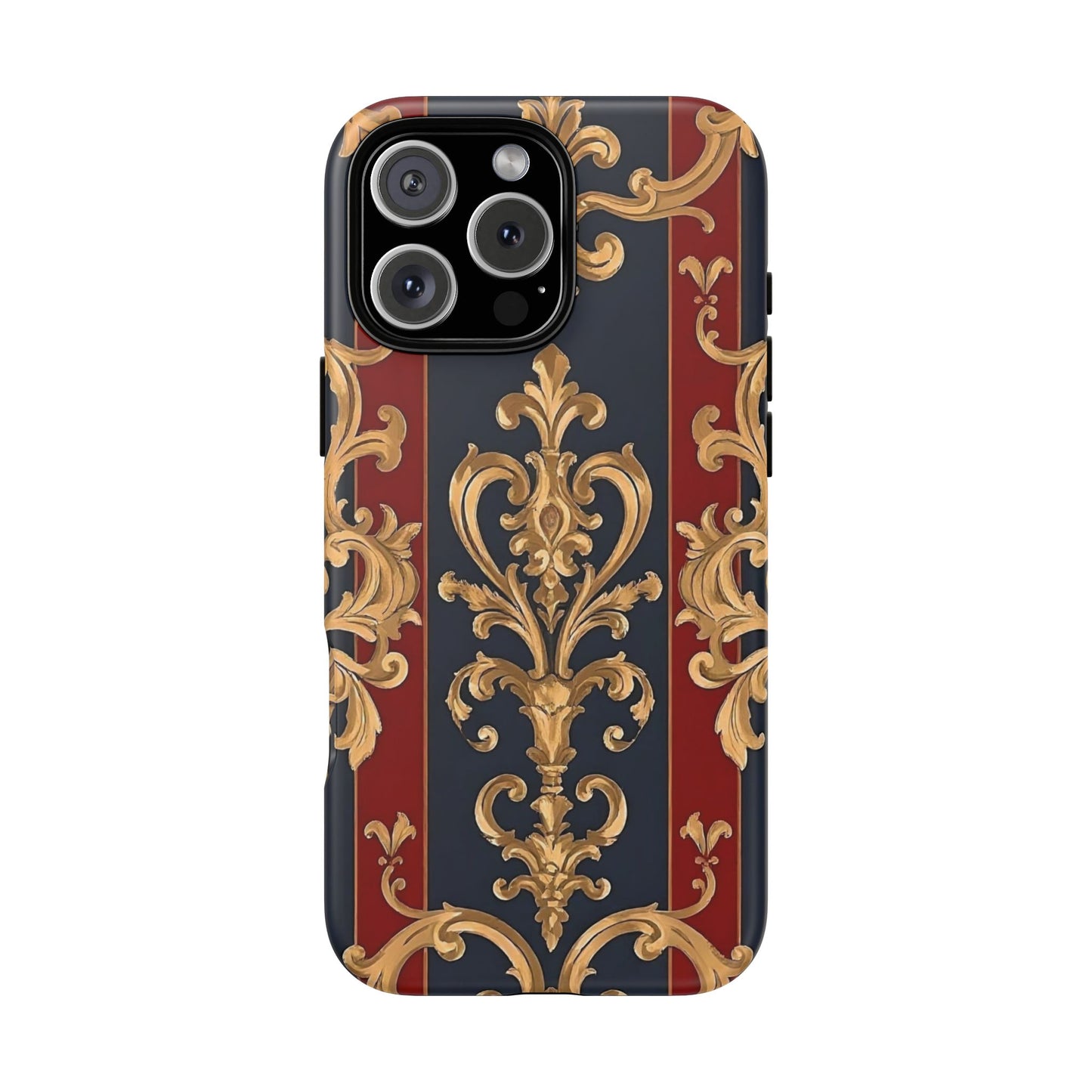Elegant Floral Motif Phone Case - Tough Cases with Vintage Design - Midnight Blue & Dusk Red Striped Gold Damask