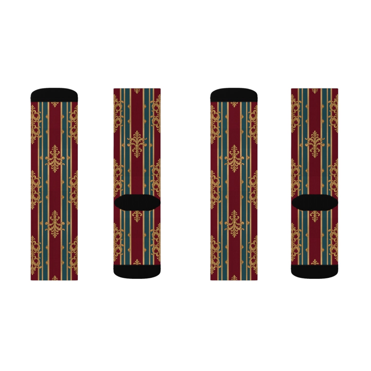 Elegant Unisex Patterned Sublimation Socks, Stylish Dress Socks, Unique Gift, Cozy Fashion Accessory - Burgundy Striped Gold Baroque