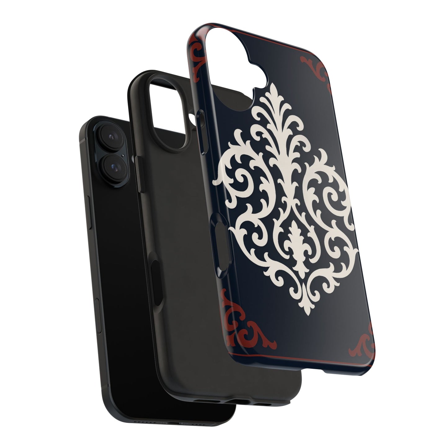 Dusk Blue-Maroon & White Baroque Tough Phone Case — Vintage Scroll Design