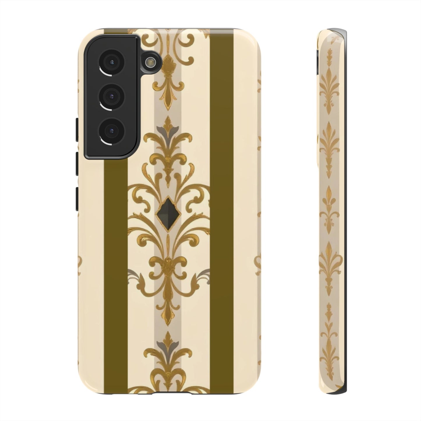Elegant Floral Motif Phone Case - Tough Cases with Vintage Design - Olive Striped Gold Damask