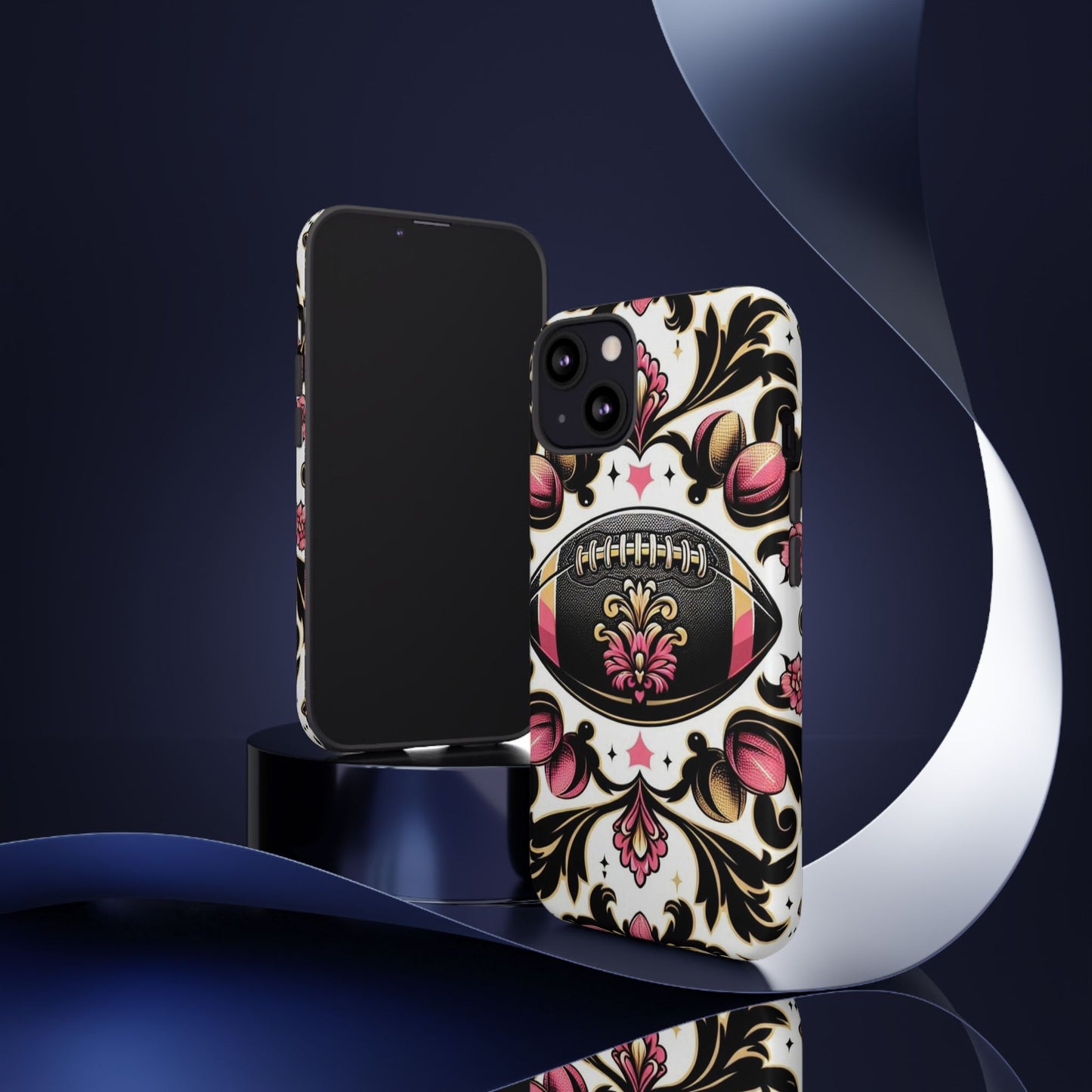 Elegant Floral Motif Phone Case - Tough Cases with Vintage Design - Damask White, Pink Gold & Black Football