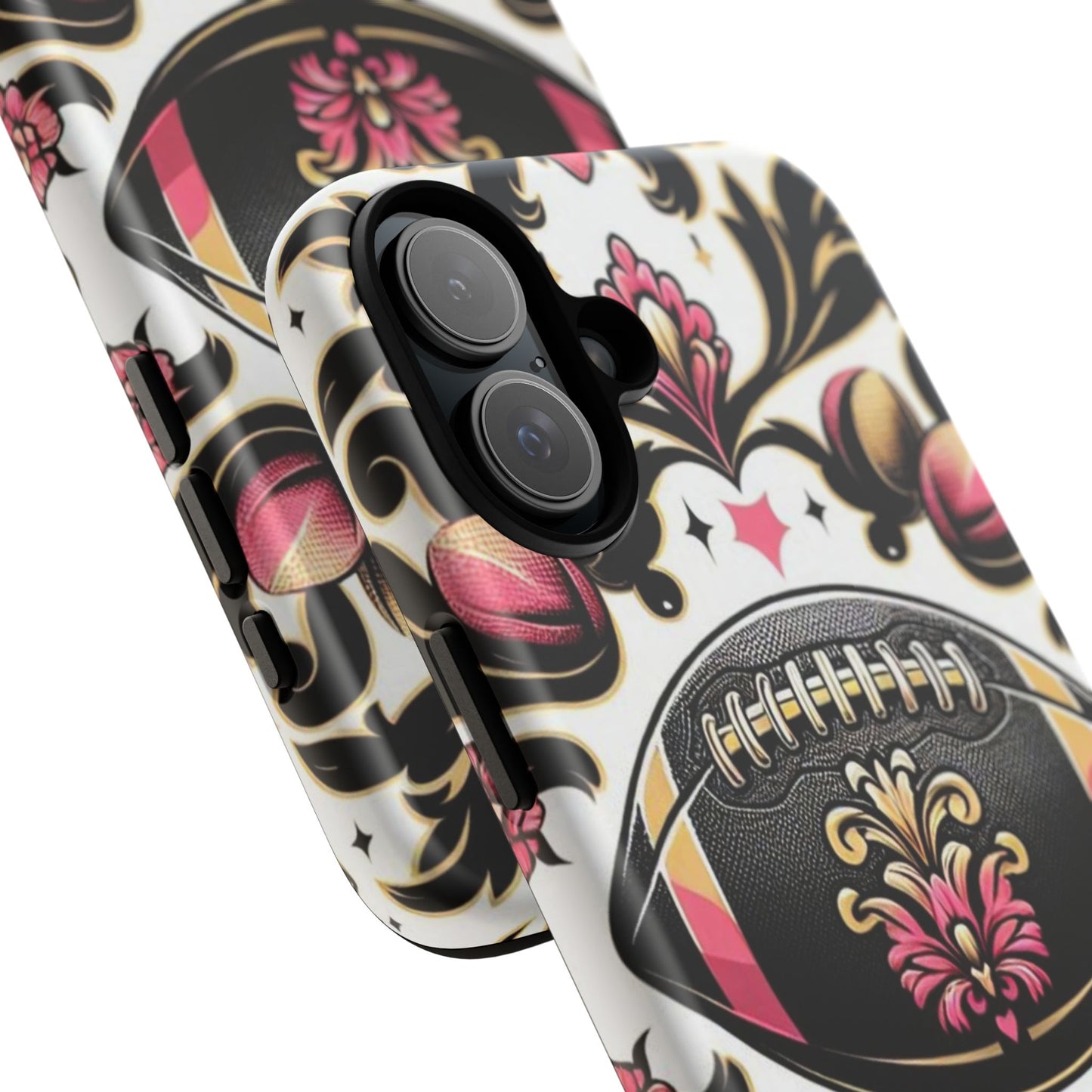 Elegant Floral Motif Phone Case - Tough Cases with Vintage Design - Damask White, Pink Gold & Black Football