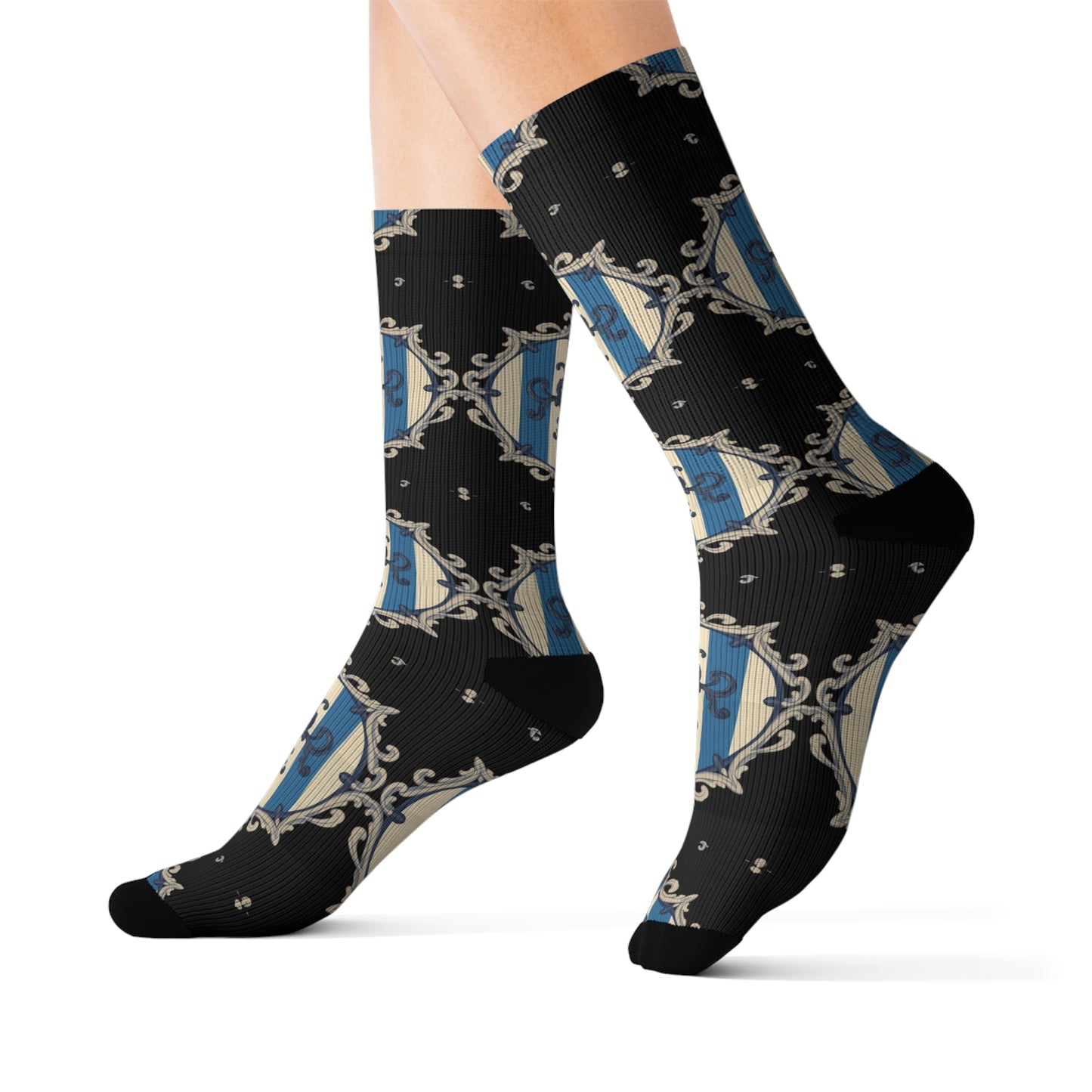 Chic Blue & Alabaster Striped Baroque Patterned Socks for Cozy Fashion, Sublimation Socks, Unique Gift for Her, Stylish Wardrobe Addition