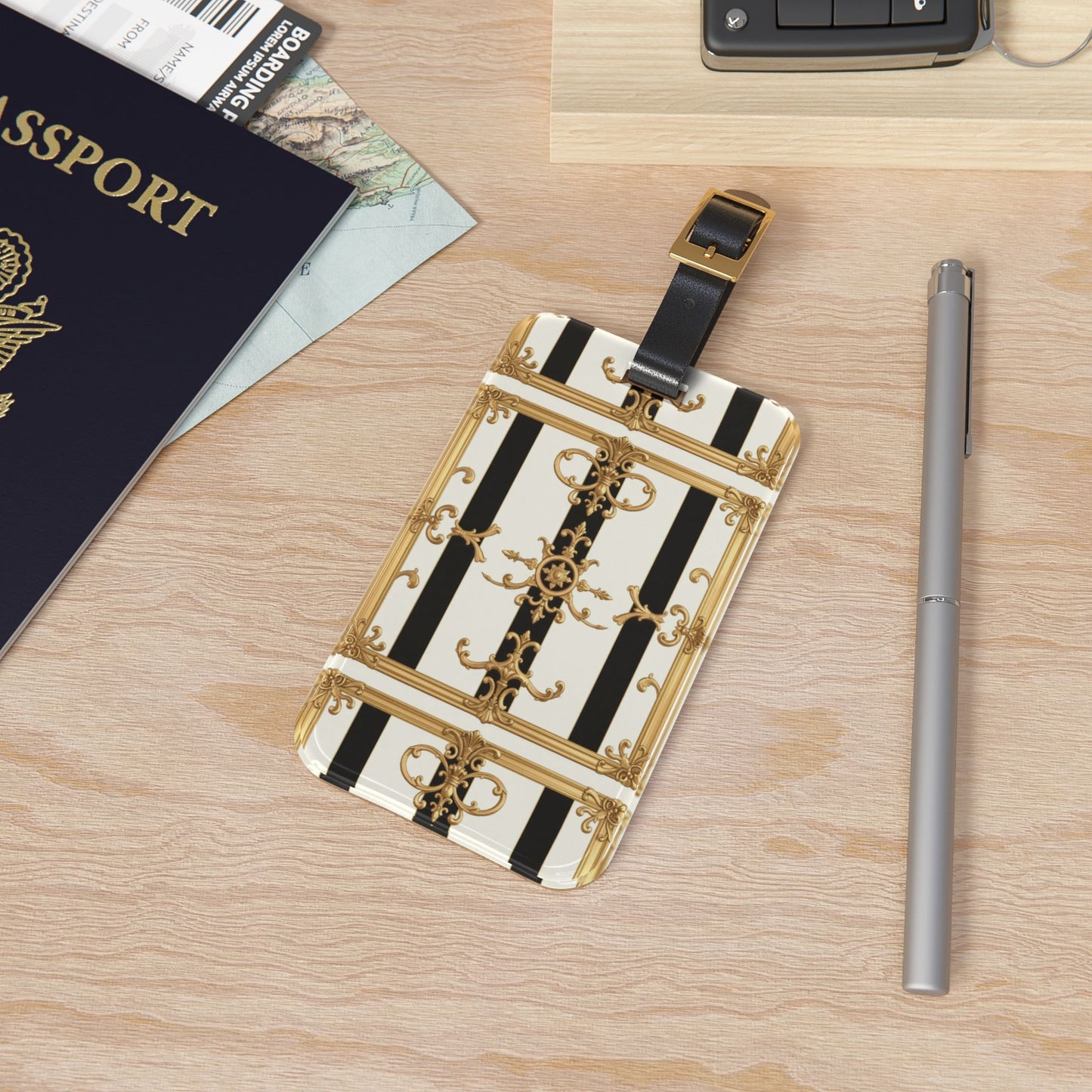 Elegant Gold Striped Luggage Tag, Travel Accessory, Chic Baggage Identifier, Gift for Travelers - Black & White Striped Gold Baroque