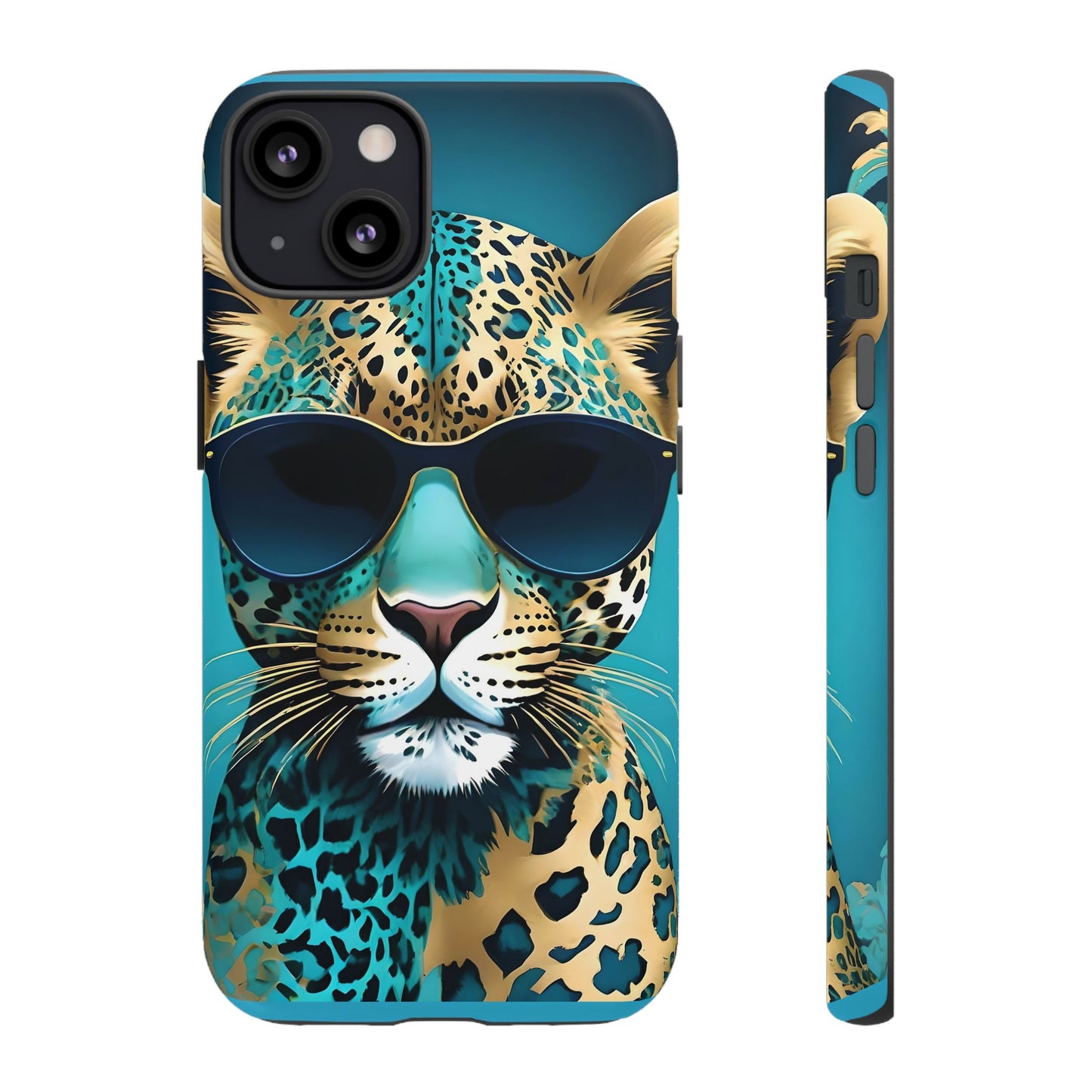 Phone Case - Aqua & Gold Leopard In Sunglasses Design