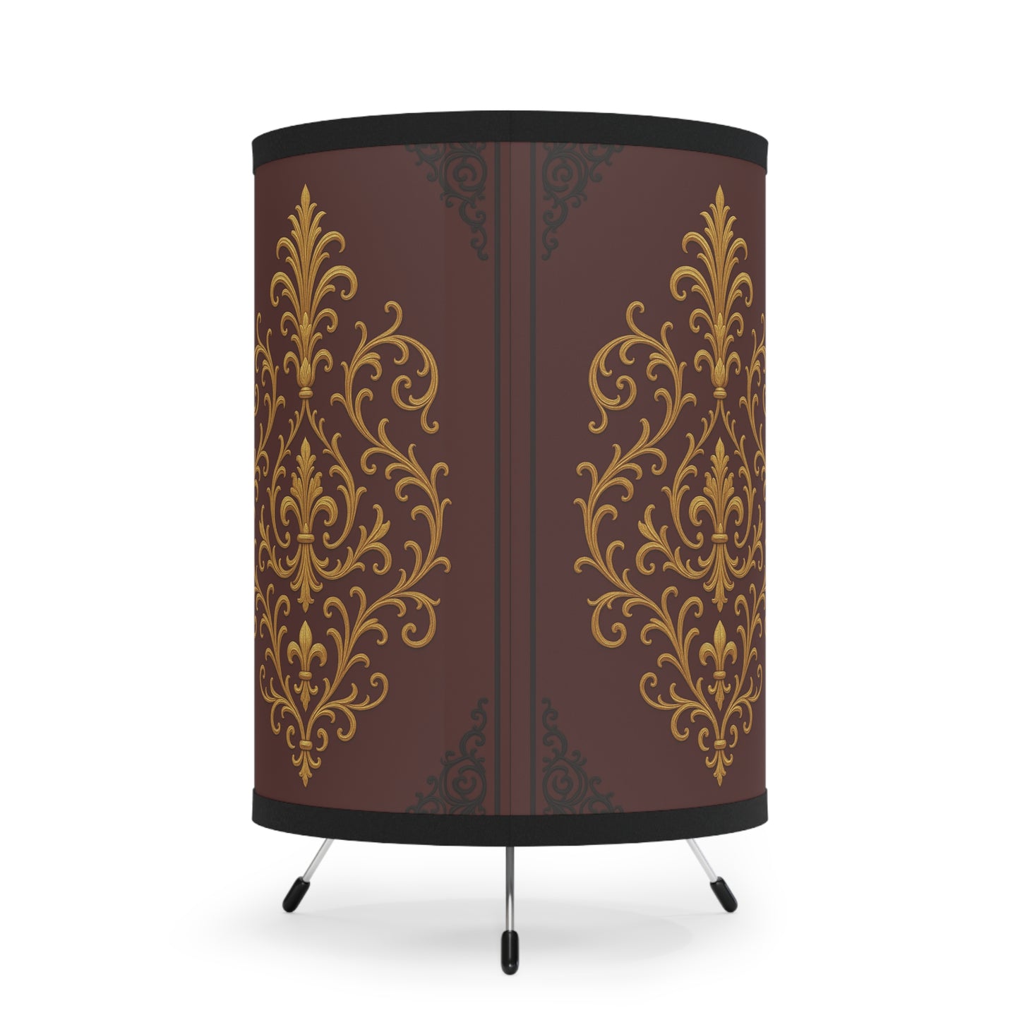 Dusk Burgundy-Black & Gold Baroque Tripod Lamp — Vintage Gold Baroque Printed Shade (US/CA Plug)