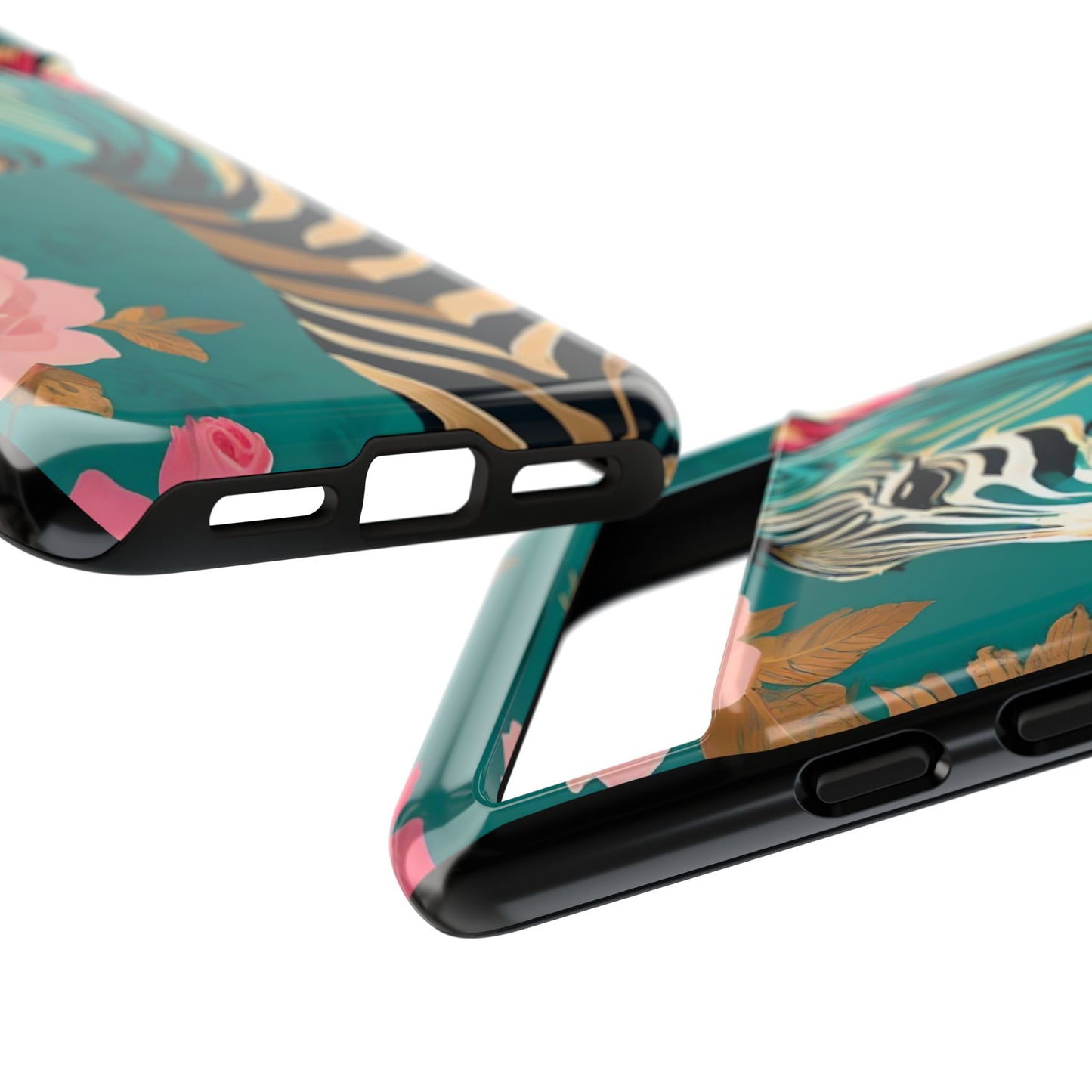 Phone Case - Elegant Teal & Gold Zebra & Roses Design