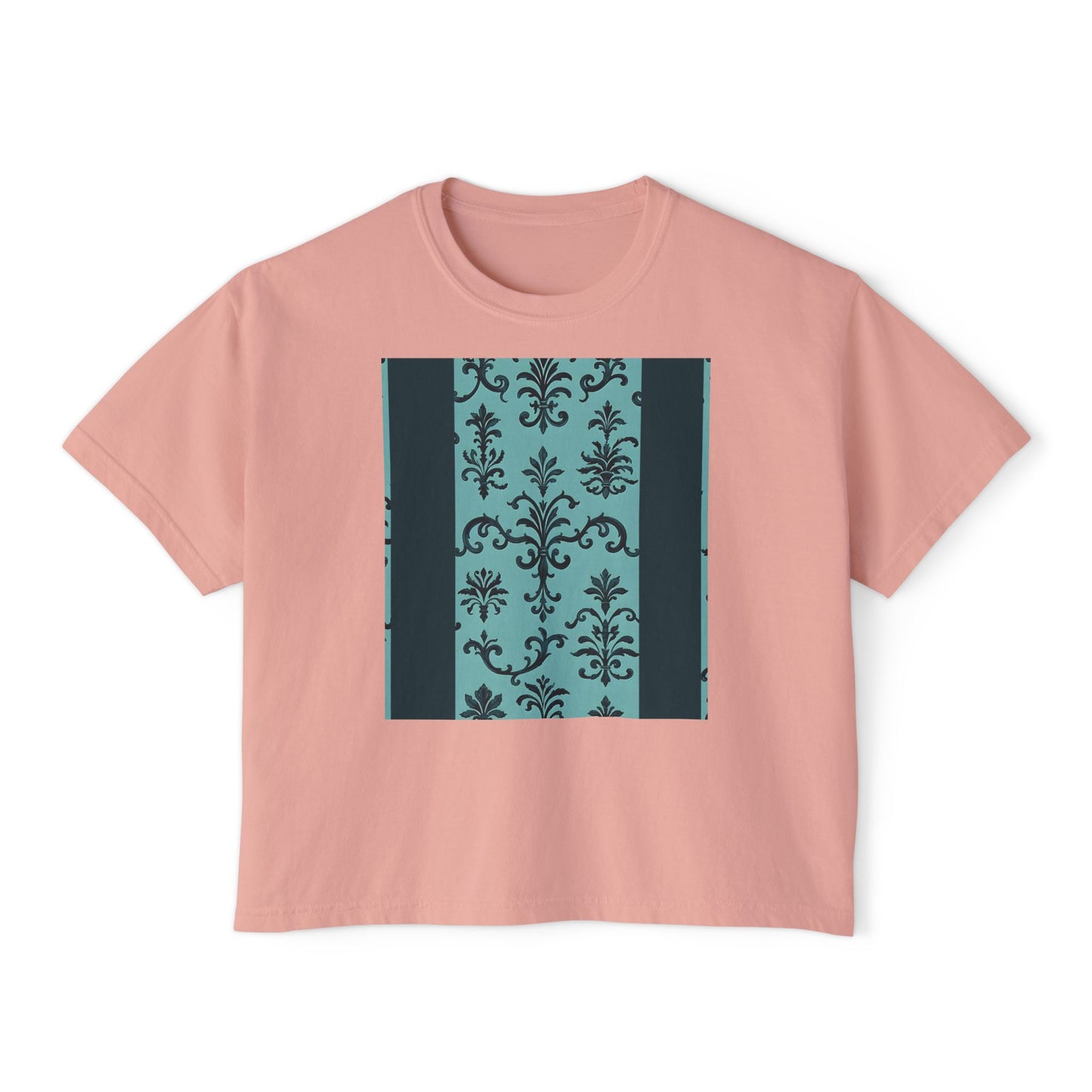 Women's Boxy Tee with Vintage Floral Design, Casual Top, Everyday Wear, Gifts for Her, Summer Fashion, Vintage Style T-Shirt - Teal Striped Rococo