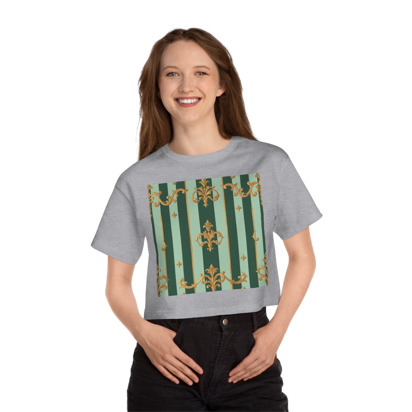 Stylish Cropped T-Shirt with Elegant Pattern, Casual Wear, Perfect for Summer Outings - Mint Green & Teal Striped Gold Baroque