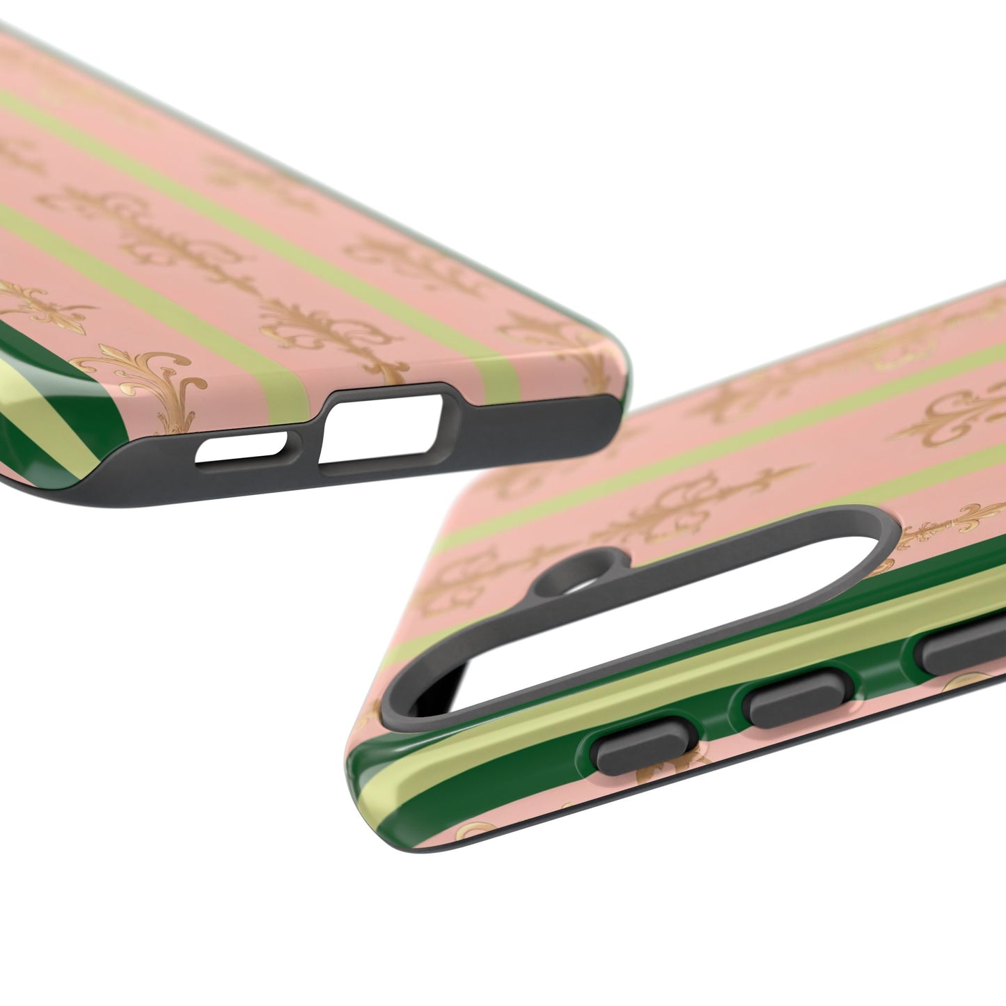 Elegant Floral Motif Phone Case - Tough Cases with Vintage Design - Lime Green & Pink Striped Damask