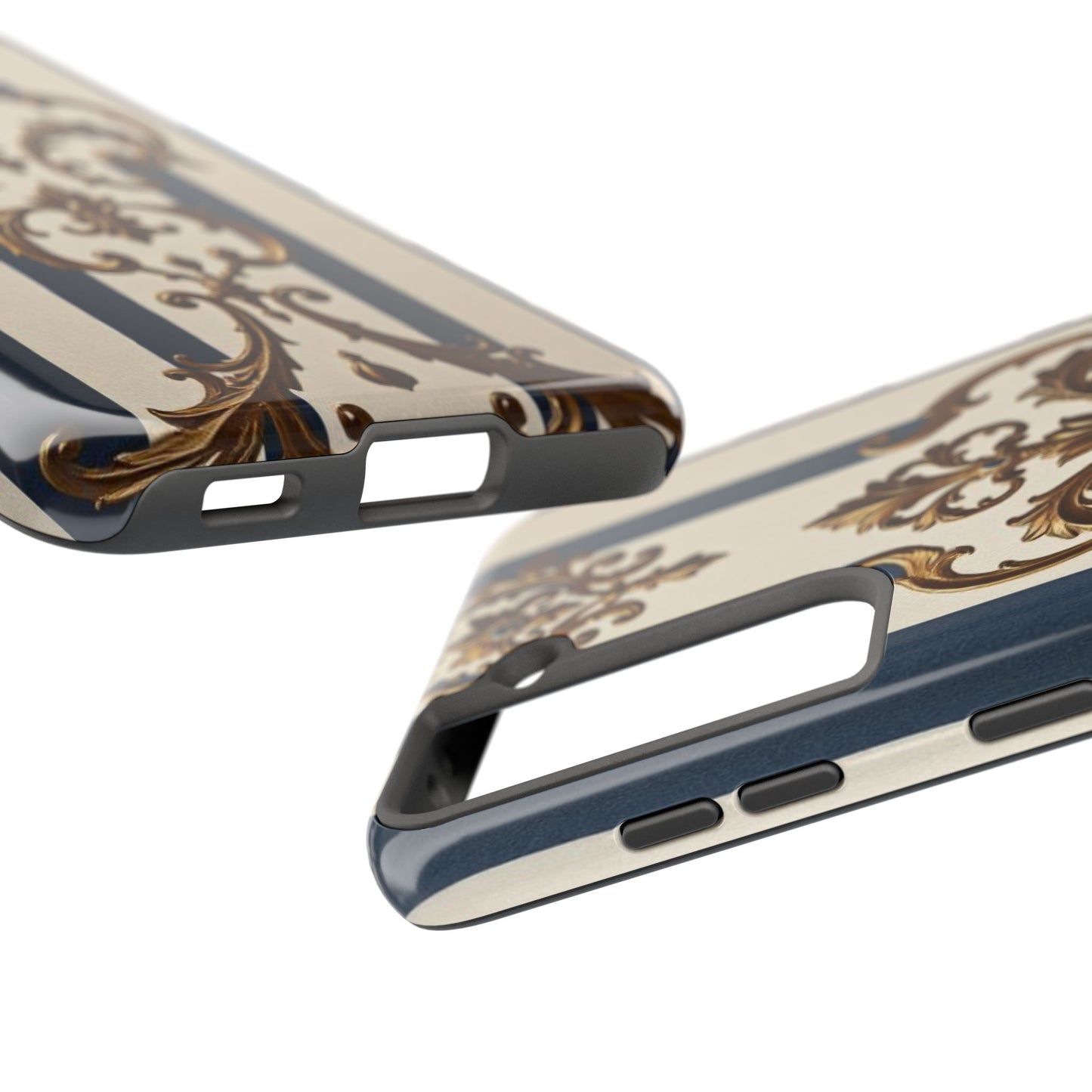 Damask Tough Phone Case - Alabaster & Blue Striped Damask