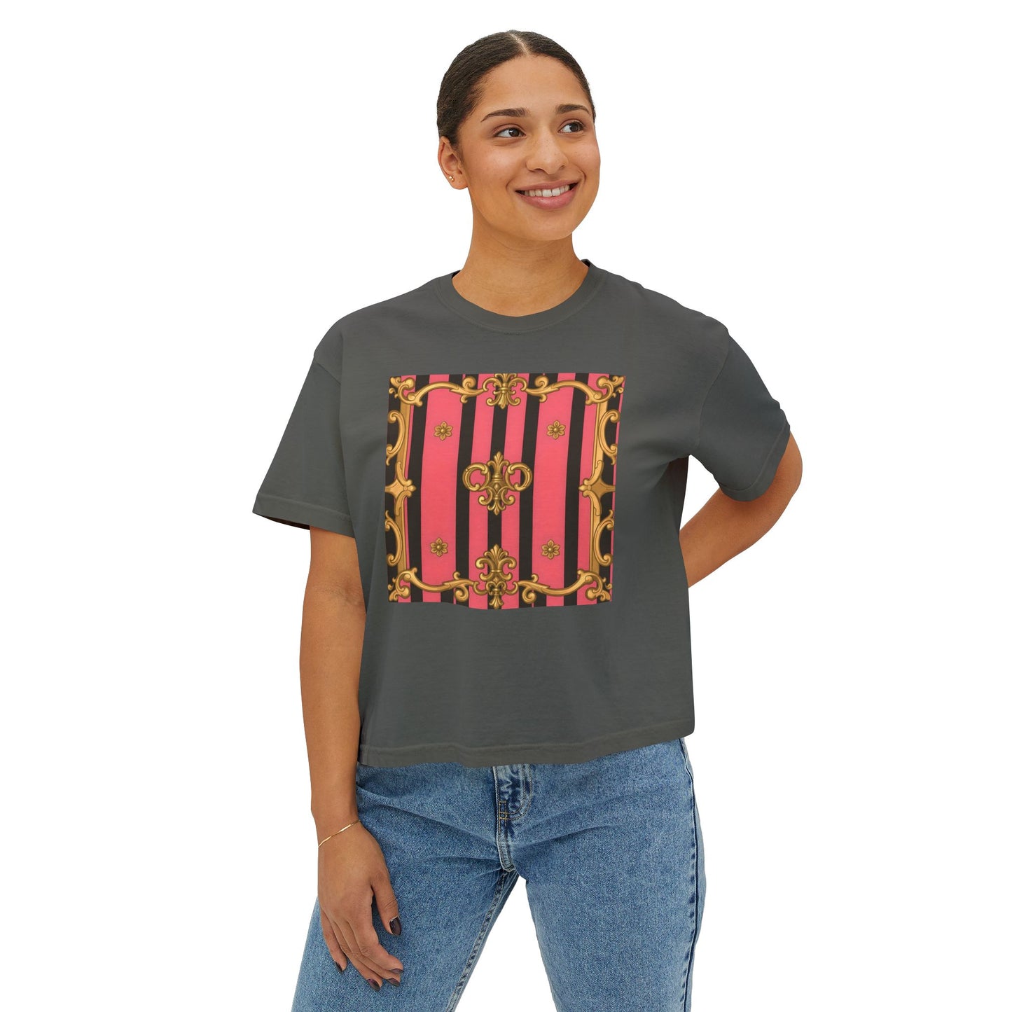 Chic Graphic Boxy Tee - Trendy Women's Casual Top, Festival Shirt, Gift for Her, Baroque Style - Pink & Black Striped Gold Baroque
