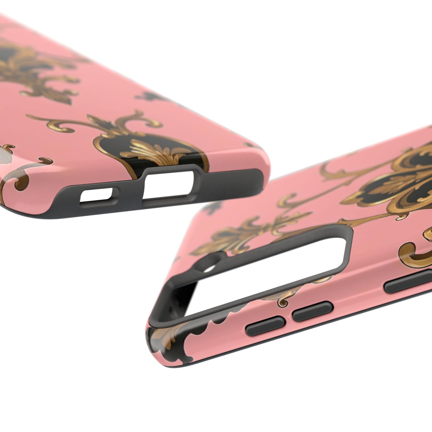 Chic Tough Phone Cases with Floral Design, Elegant Phone Cover, Durable Smartphone Case, Stylish Tech Accessory - Pink, Black & Gold Rococo