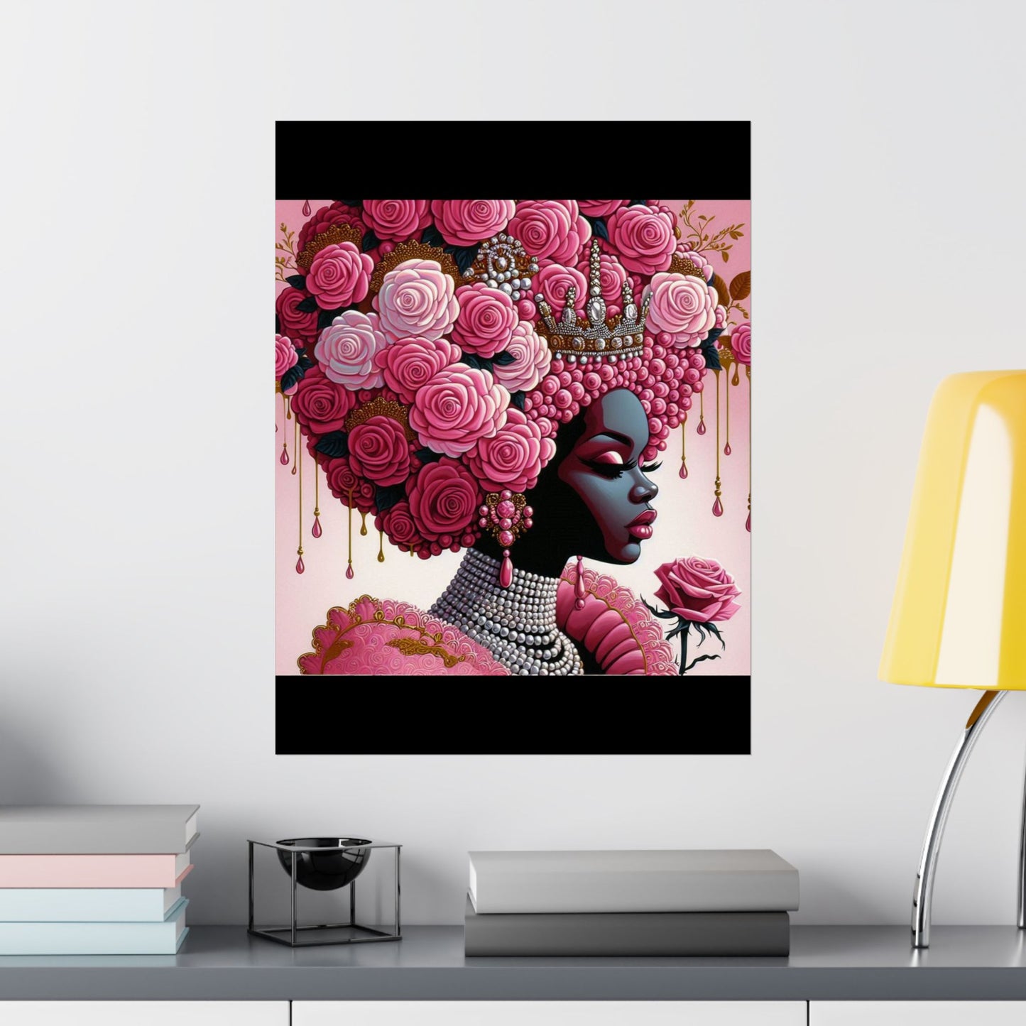 Floral Afro Art Poster - Elegant Matte Vertical Wall Decor - Pink Lady With Roses