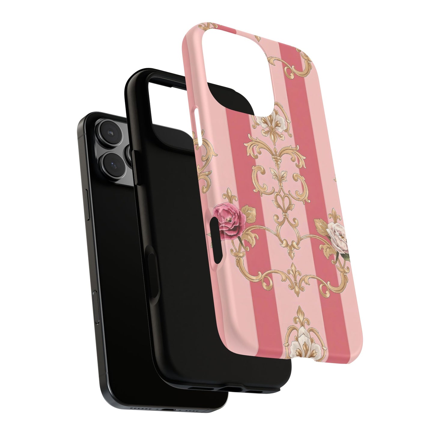 Elegant Floral Motif Phone Case - Tough Cases with Vintage Design - Pink Striped Roses & Damask