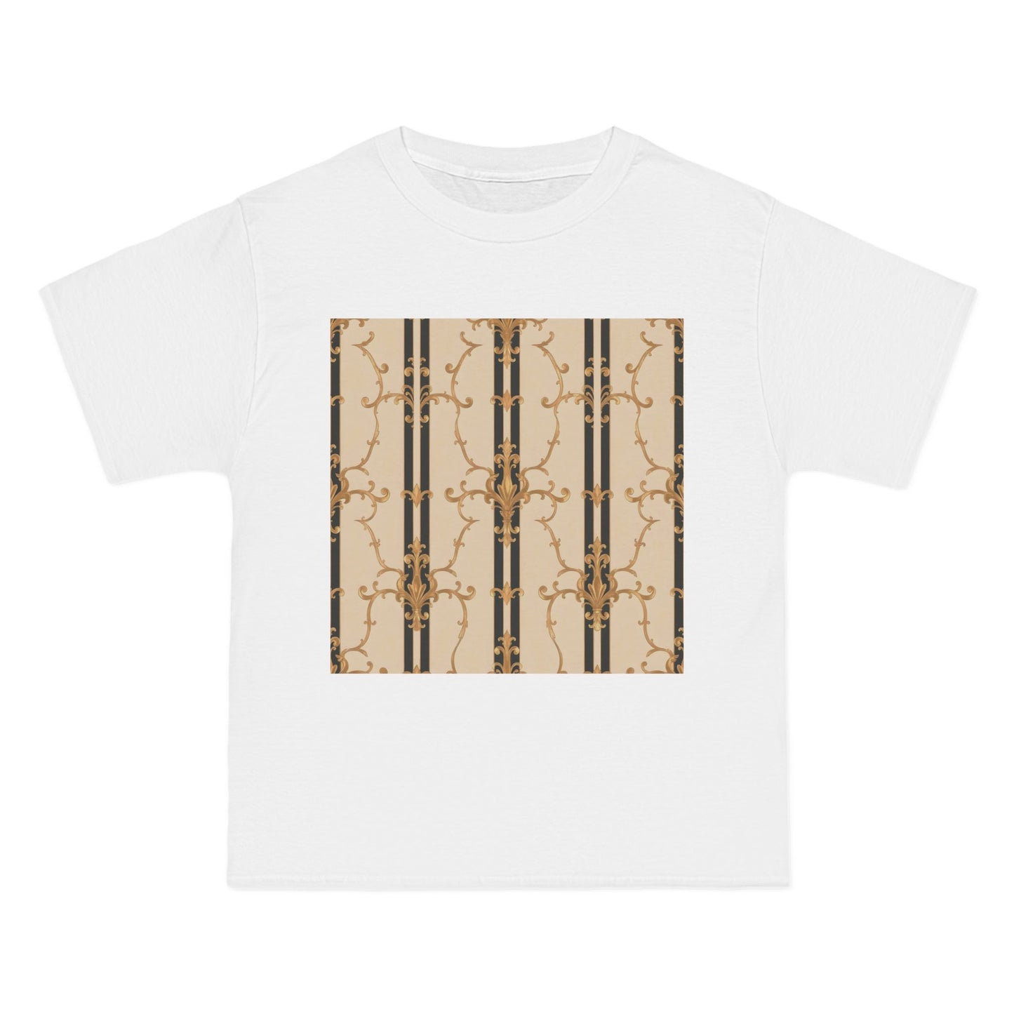 Stylish Graphic Tee for Casual Wear, Fashionable Short-Sleeve Shirt, Unique Summer Top - Black & Beige Striped Damask