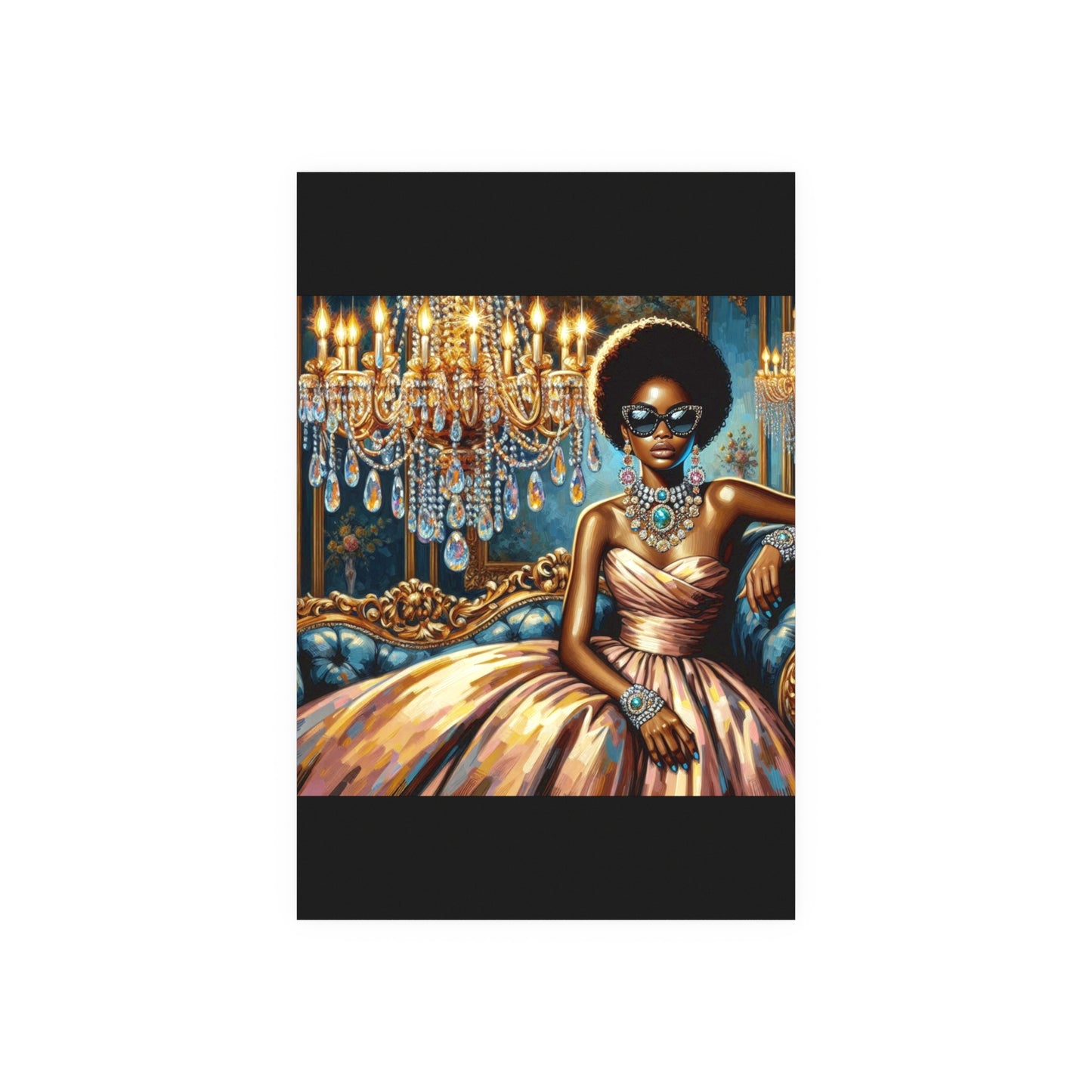 Elegant Glamour Satin Poster, Wall Art Decor, Modern Home Gallery, Gift for Art Lovers, Chic Interior Decoration - Elegant Lady & Chandelier