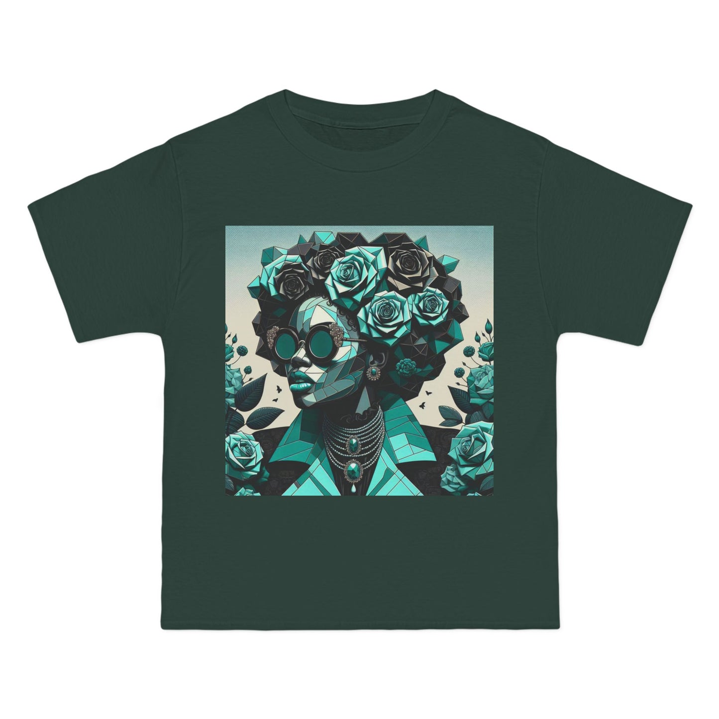 Trendy Floral Graphic Tee | Artistic Short-Sleeve Shirt, Fashionable Summer Top, Chic Gift for Her - Turquoise & Black Roses Lady