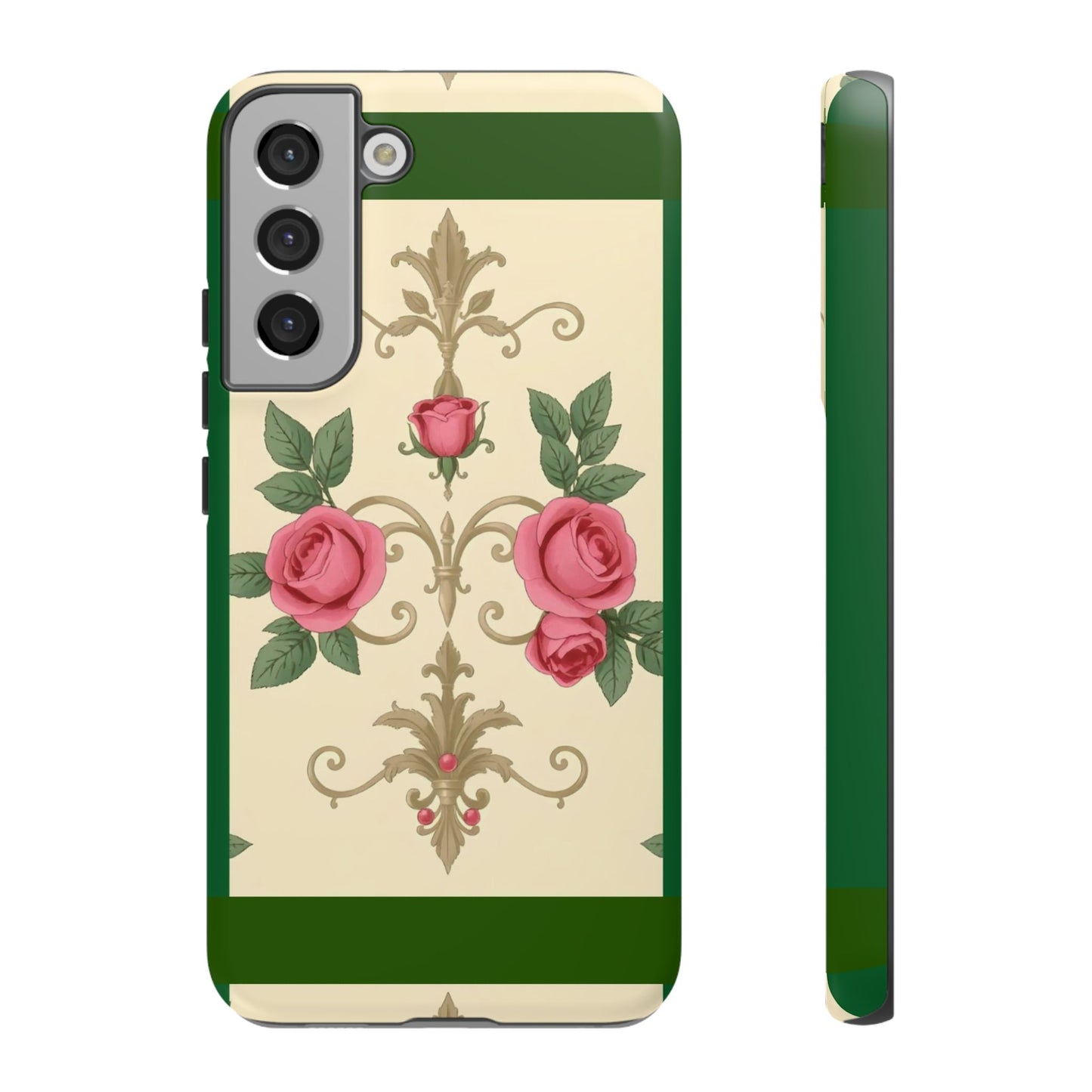Elegant Floral Motif Phone Case - Tough Cases with Vintage Design - Green Border Roses & Damask