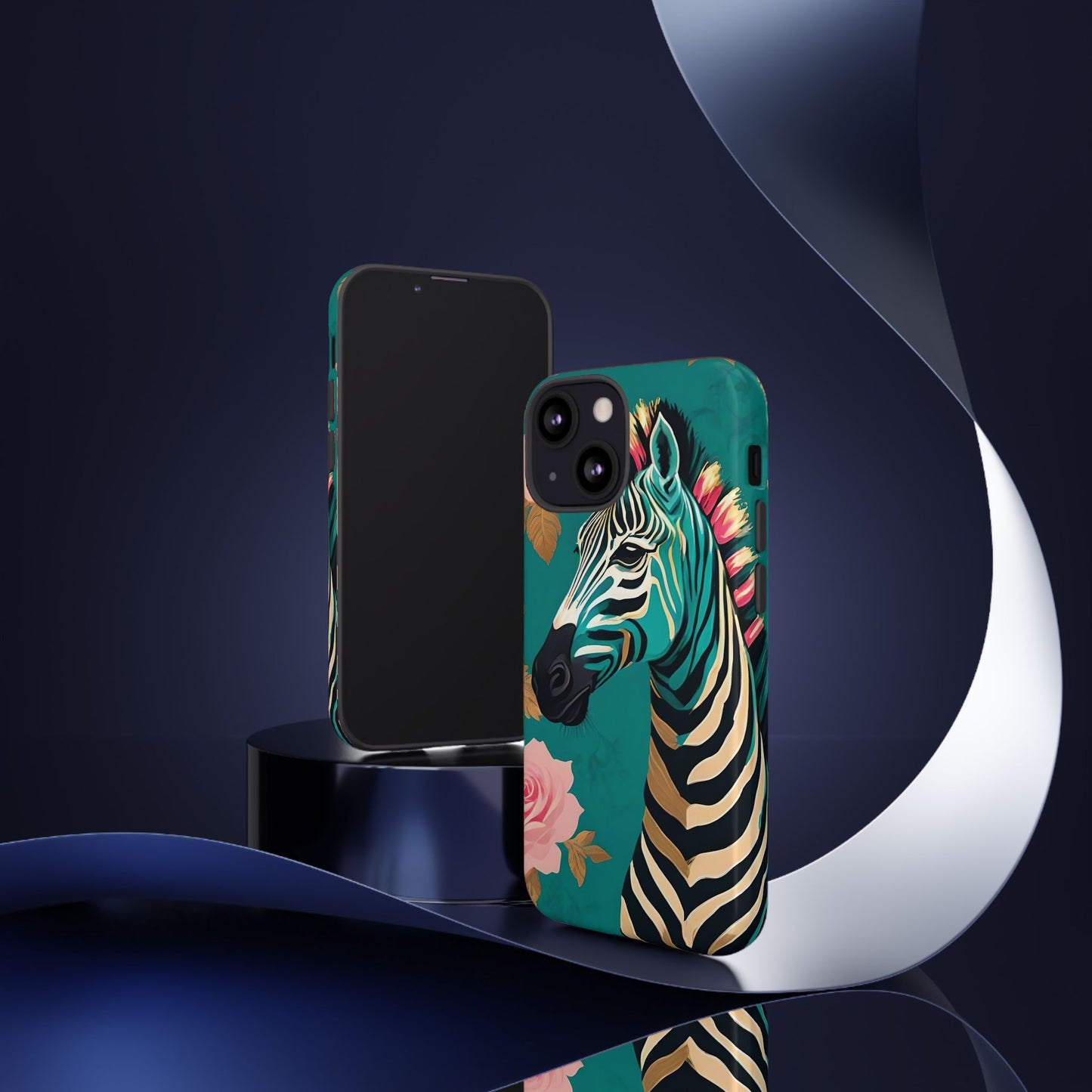 Phone Case - Elegant Teal & Gold Zebra & Roses Design