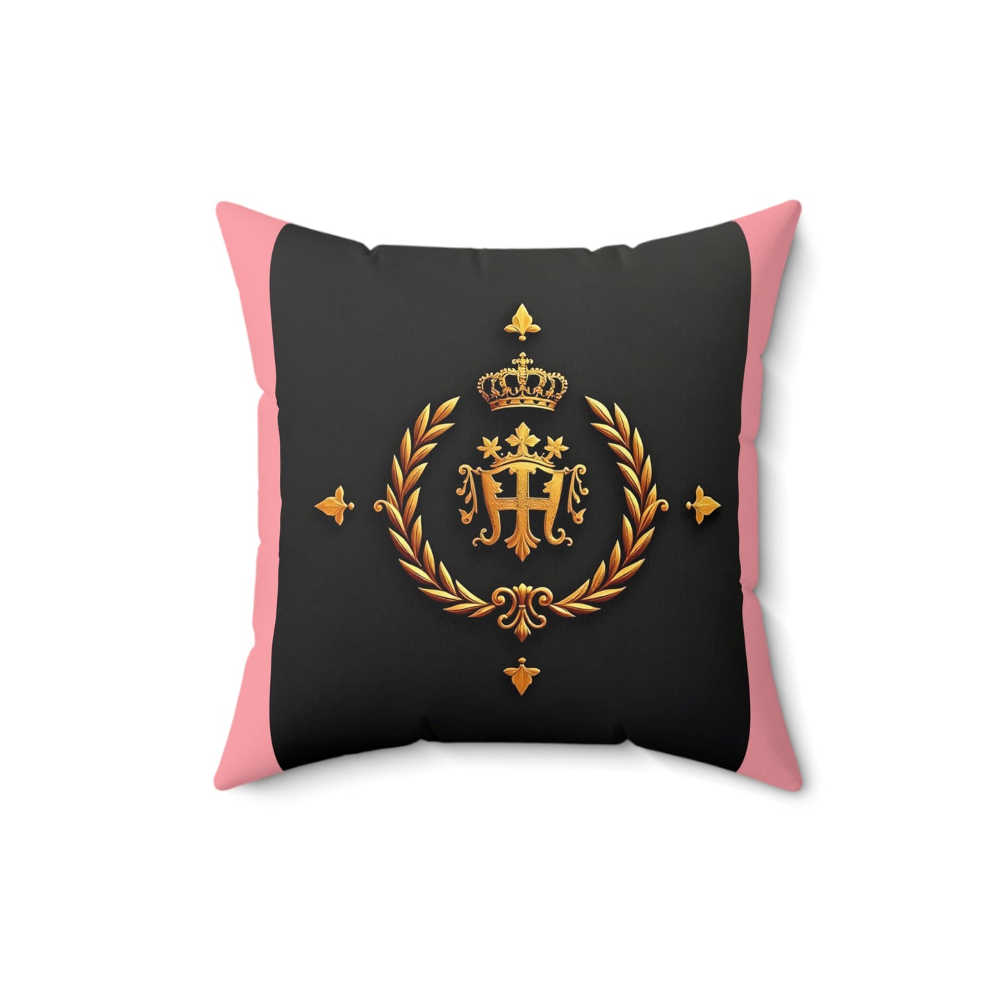 Elegant Royal Faux Suede Square Pillow, Luxury Home Decor, Cozy Gifts for Her, Crown Emblem Cushion, Stylish Accent Pillow - Pink Striped Gold Crest