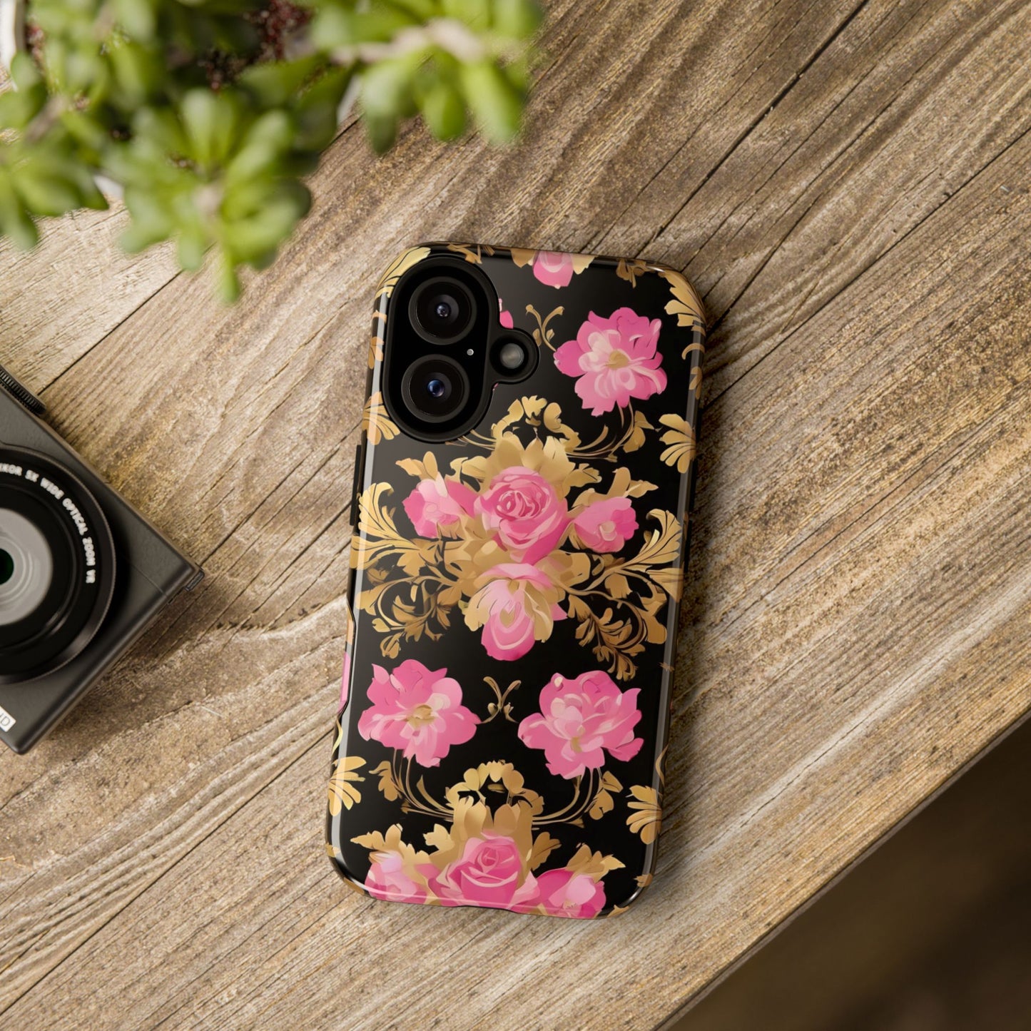 Elegant Floral Motif Phone Case - Tough Cases with Vintage Design - Pink & Gold Roses