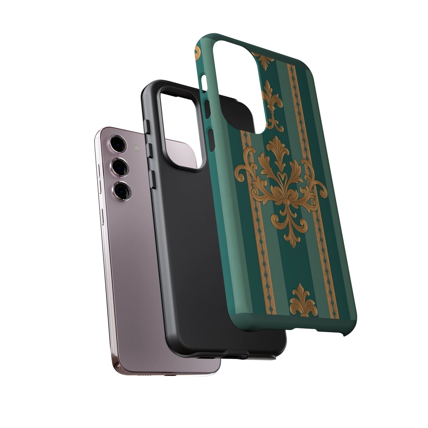 Elegant Floral Motif Phone Case - Tough Cases with Vintage Design - Teal Striped Gold Damask