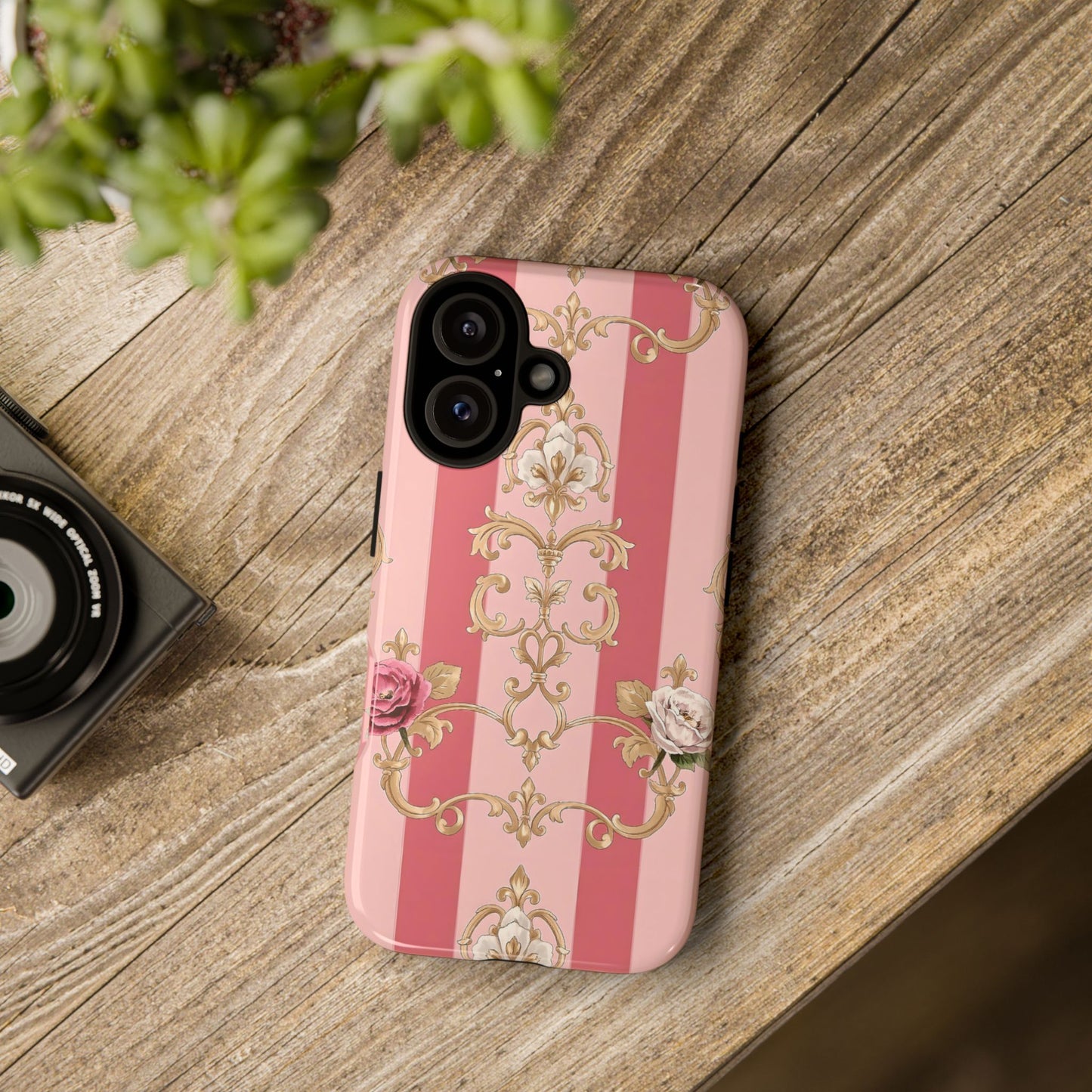 Elegant Floral Motif Phone Case - Tough Cases with Vintage Design - Pink Striped Roses & Damask