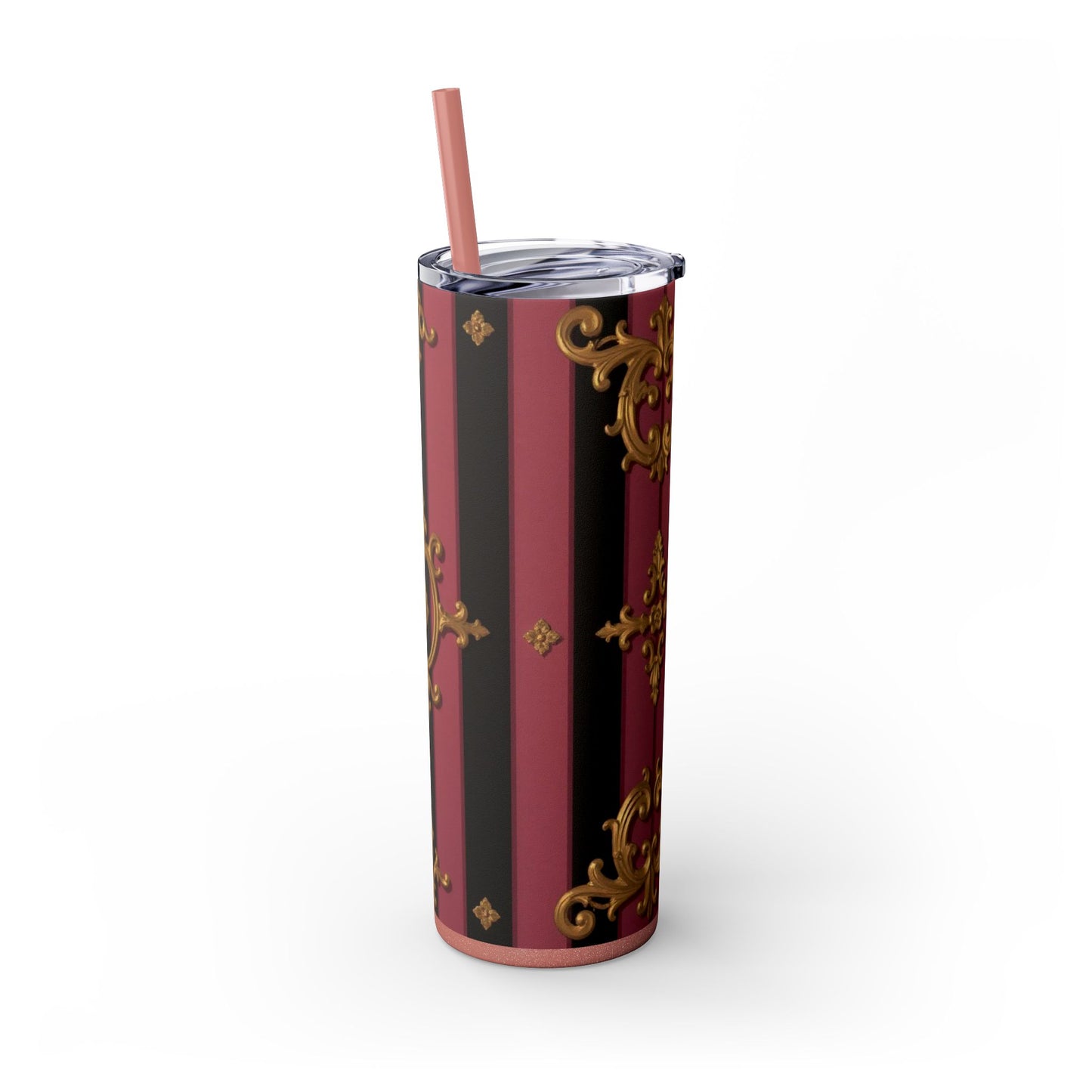 Elegant Black & Mauve Striped Gold Baroque Striped Skinny Tumbler with Straw, 20oz | Vintage Gold Accent Drinkware, Wedding Gift, Party Favor, Travel Mug
