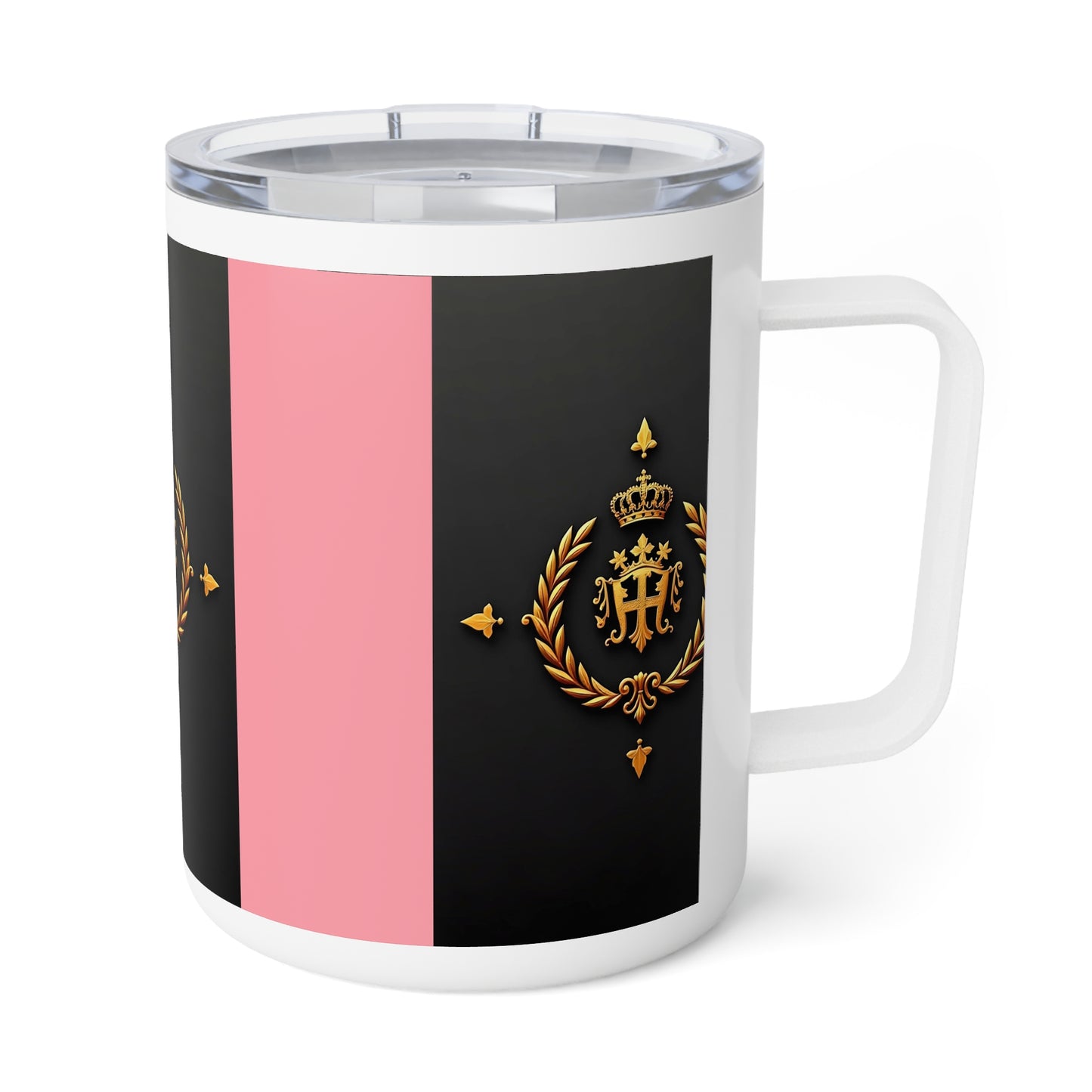 Elegant Insulated Coffee Mug - Royal Emblem Travel Cup, Perfect Gift for Coffee Lovers, Home Decor, Wedding Favors - Pink Striped Gold Crest